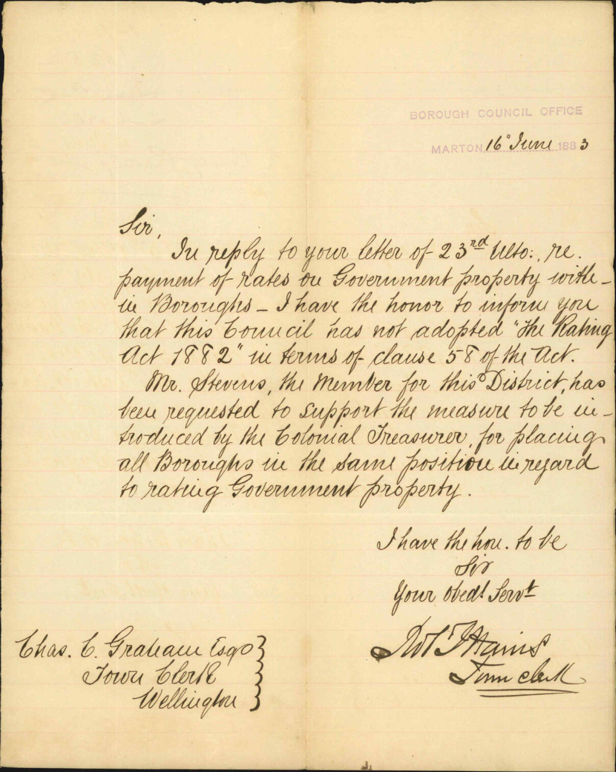 Crown Lands Rating Act 1882 - Town Clerk Marton