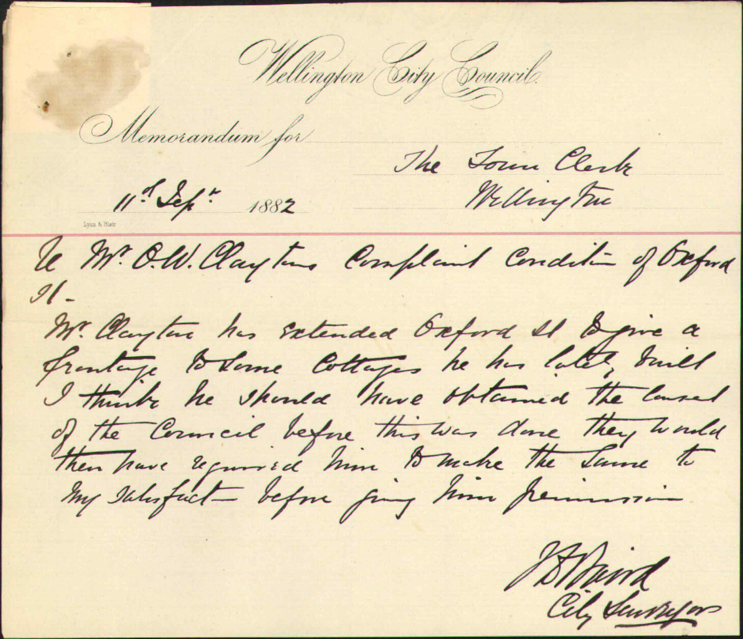 Complaint as to condition of Oxford Street - O W Clayton