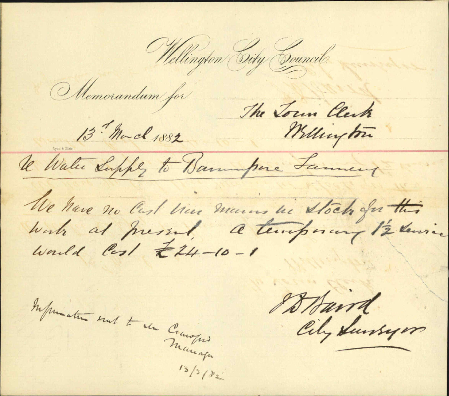 Water supply to Berhampore Tannery - J J Baird (City Surveyor)
