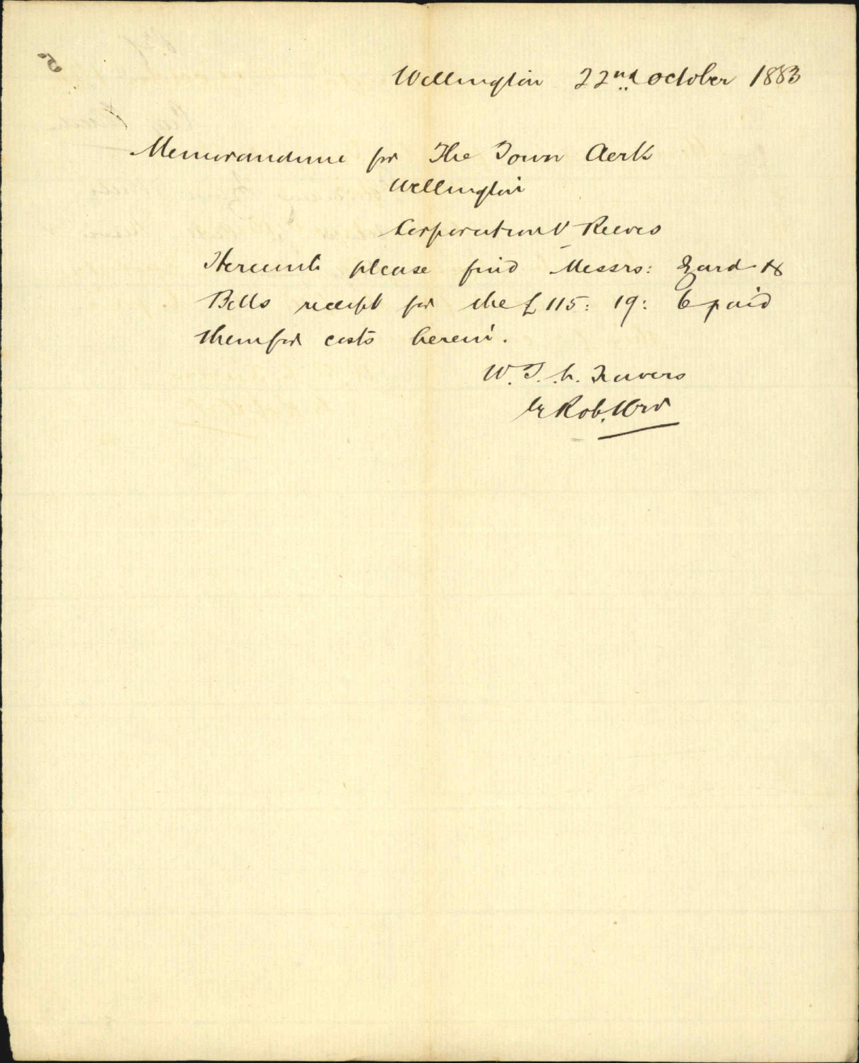 Forwarding Izard &amp; Bells receipt for cost, Reeves &amp; Corporation