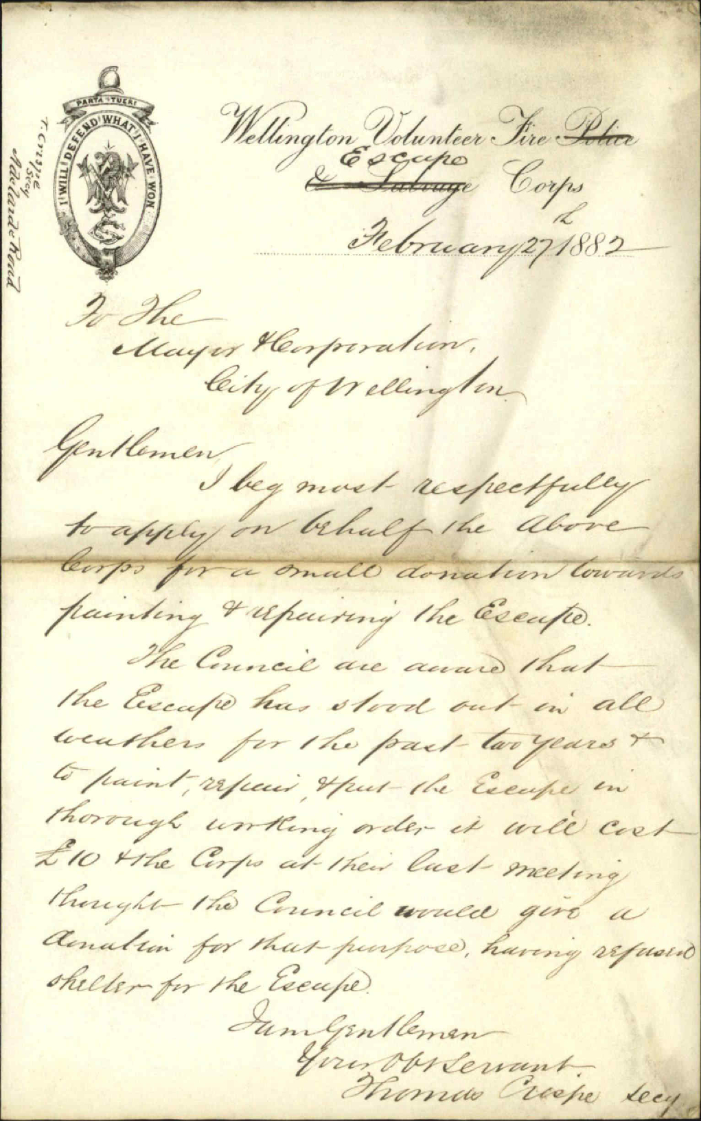 Fire Escape Corps, asking for contribution towards repair of fire escape