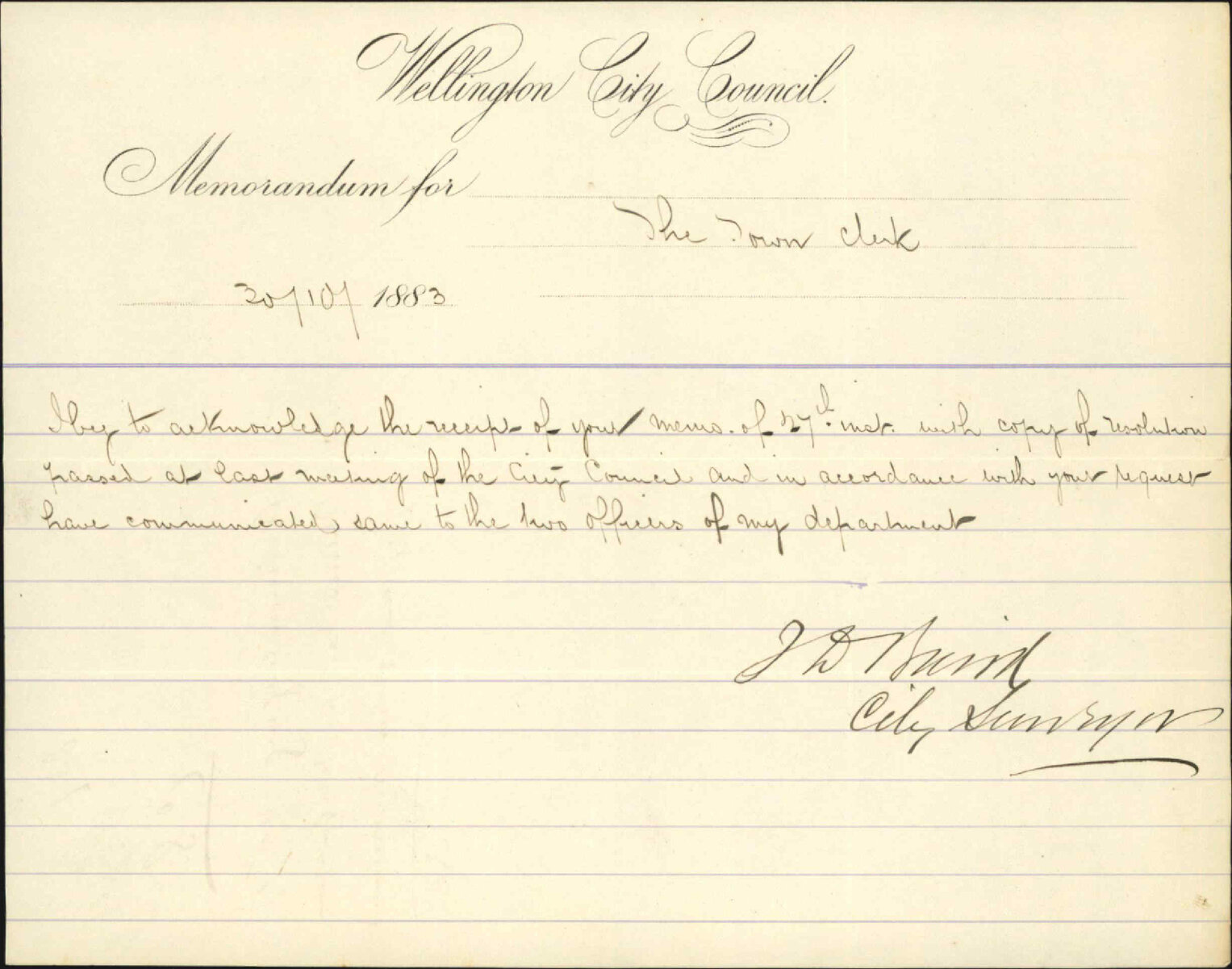 Acknowledging receipt of memo as to resignation of officers of his department - City Surveyor