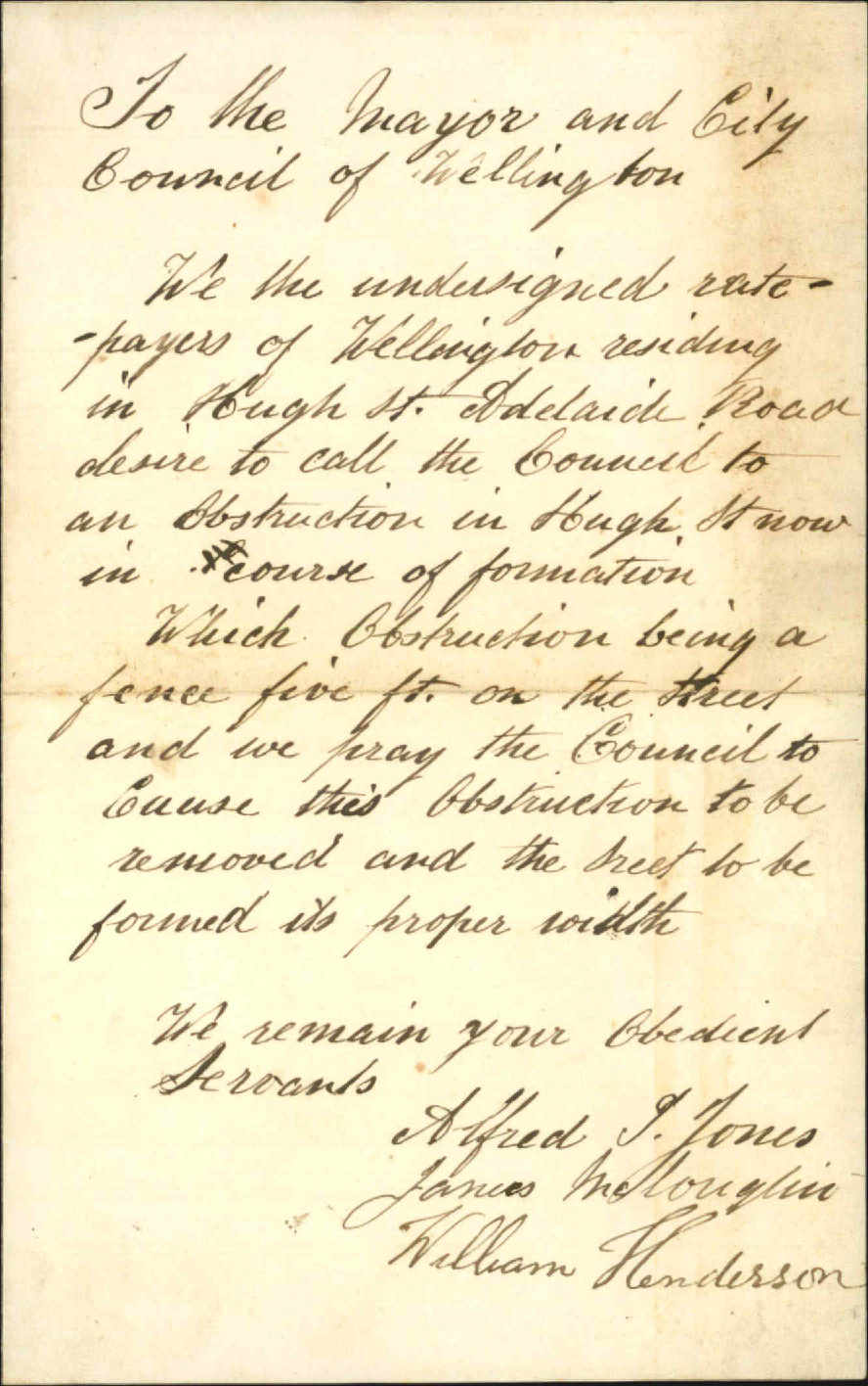 Obstruction in Hugh Street - Alfred G Jones, James Willoughlin and William Henderson