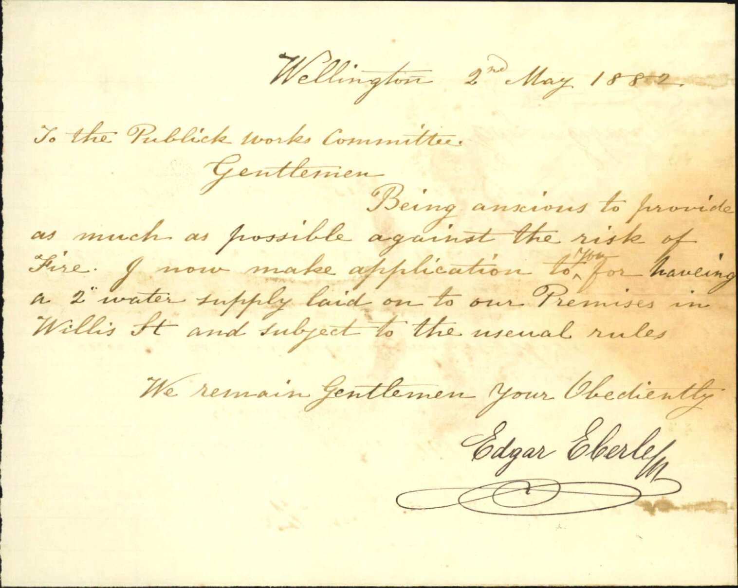 Application for 2 inch water service for fire purposes - Edgar Eberley