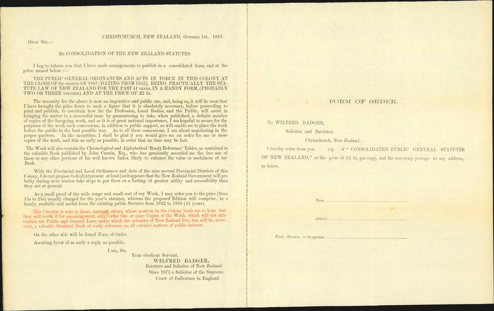 Asking for subscription to the Consolidated Law of New Zealand - Wilfred Badger