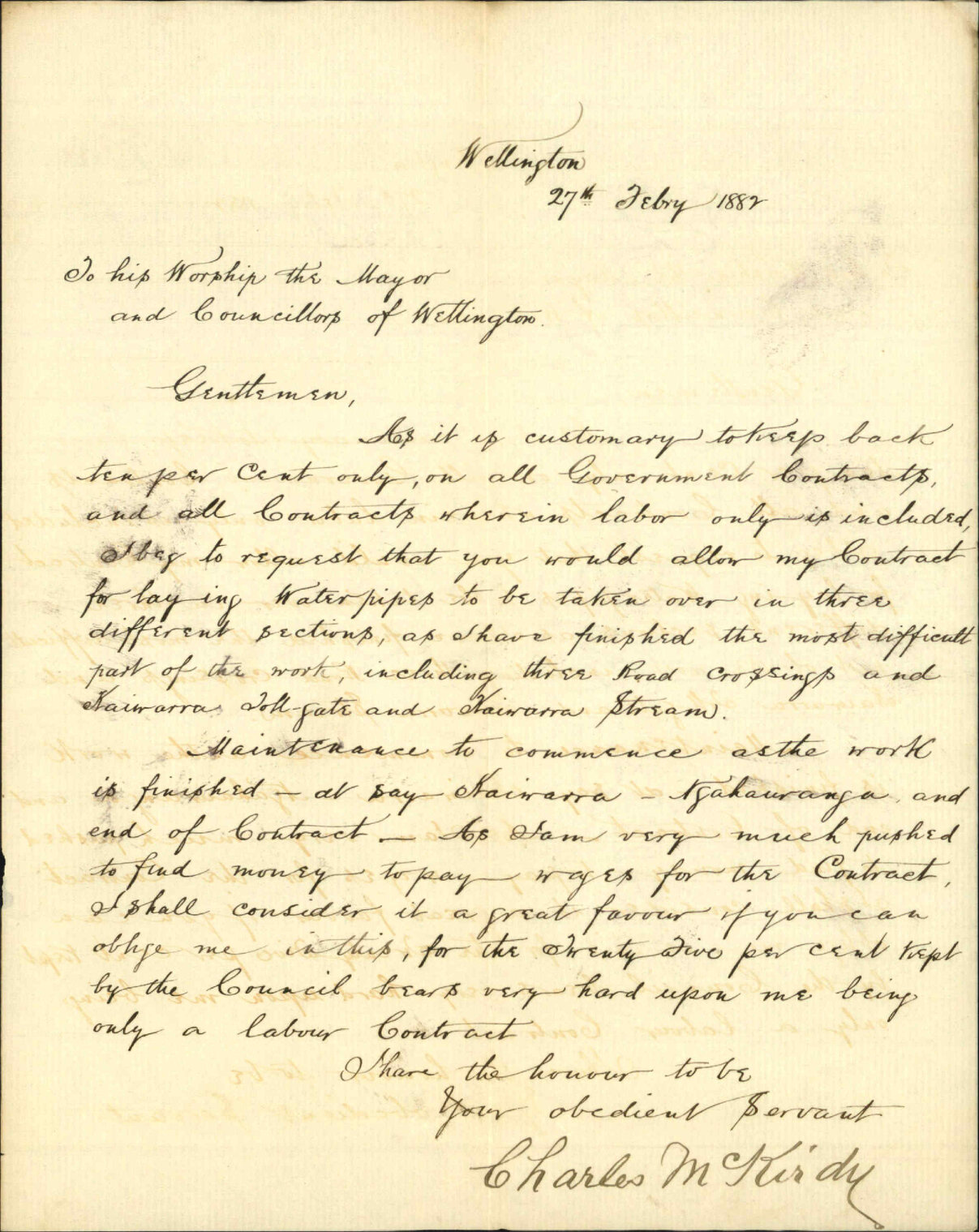 Charles McKirdy, regarding advance on contract