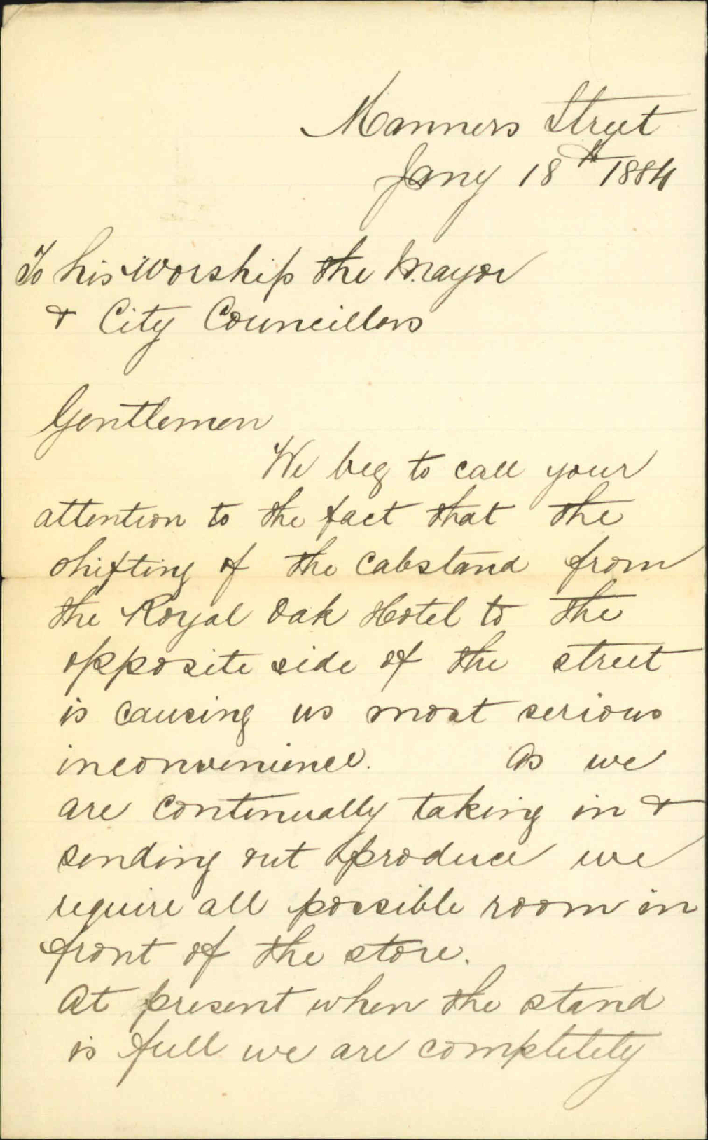 Complaint regarding Royal Oak Hotel cab stand - S Rowe and Son