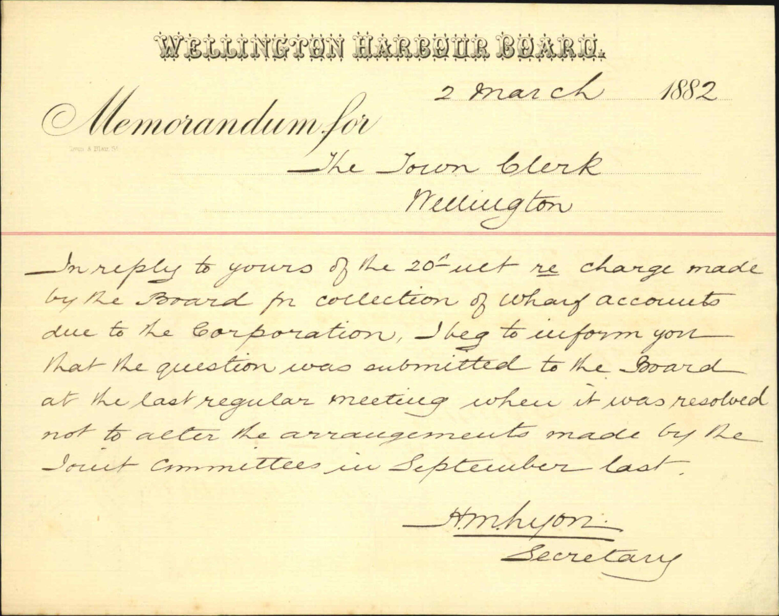 Wellington Harbour Board, declining to make any alteration in charge for commission regarding collection of wharf accounts