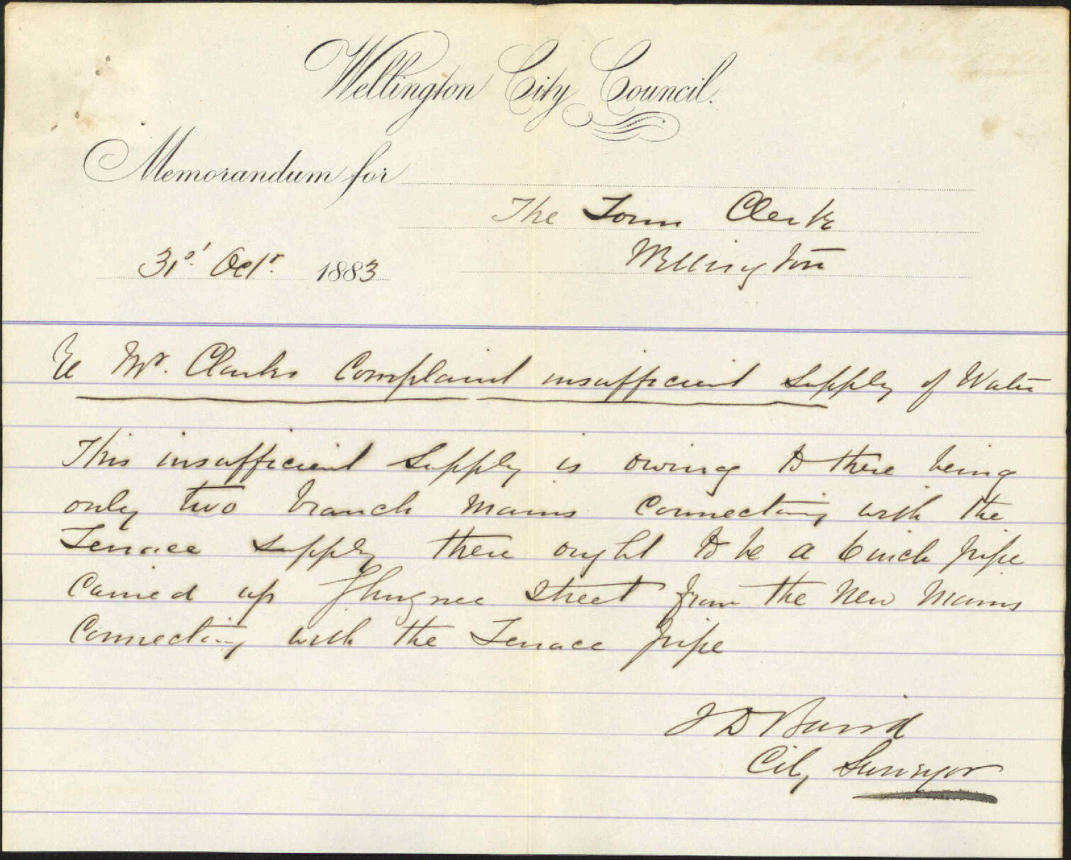 Complaint as to insufficient supply of water, Woolcombe Street - W Clark