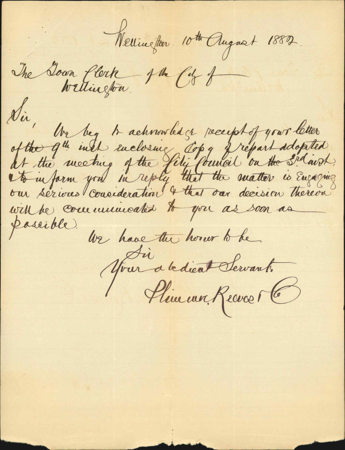 Letter regarding rent and lease of their wharf under construction - Plimmer, Reeves &amp; Co