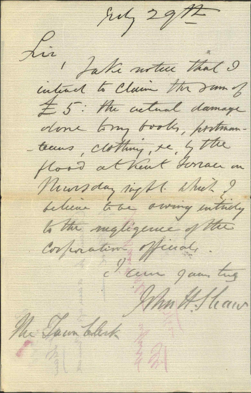 Claim for damage caused by flood - J H Shaw