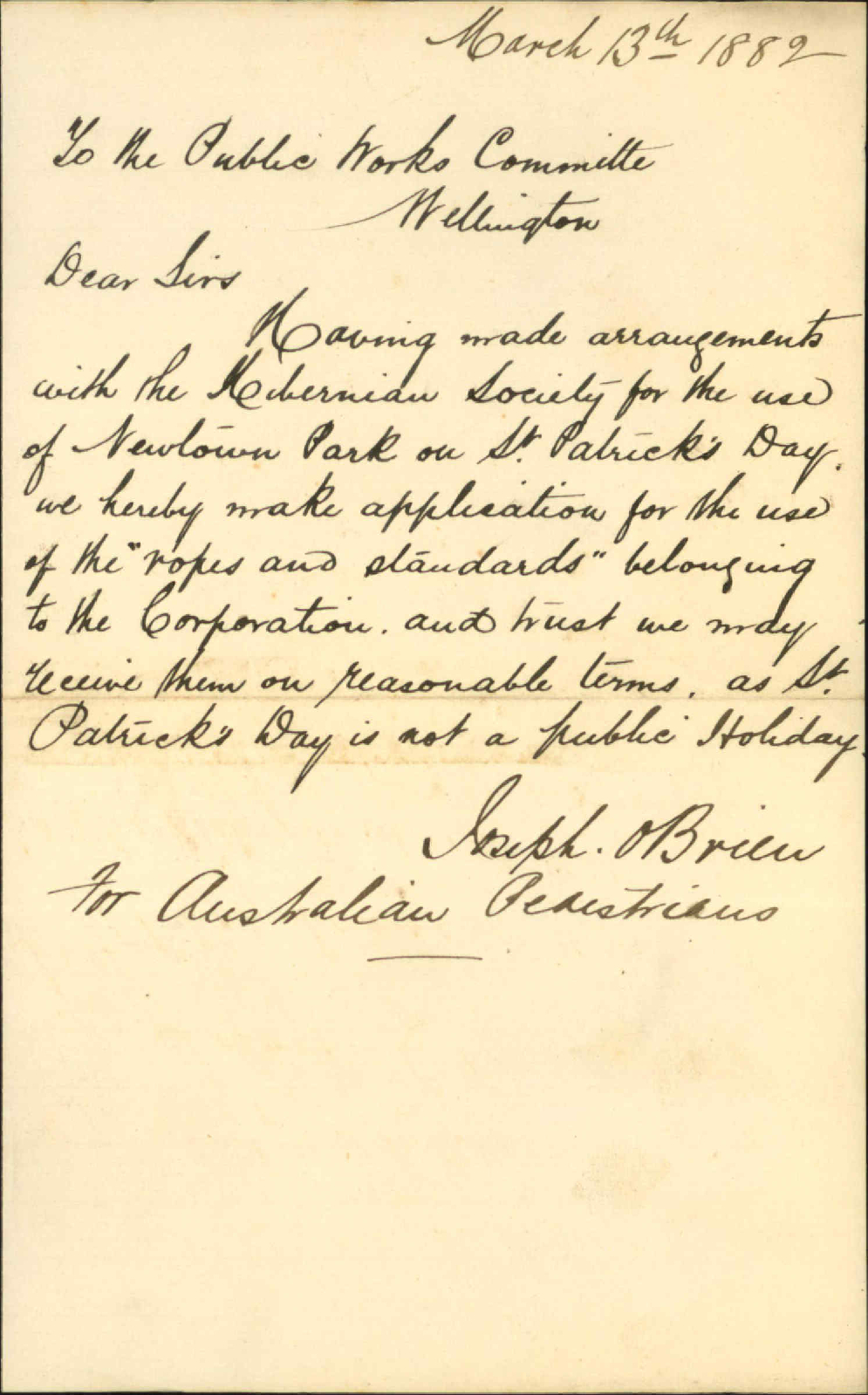 Application for use of ropes and standards at Newtown Park - Joseph O'Brien