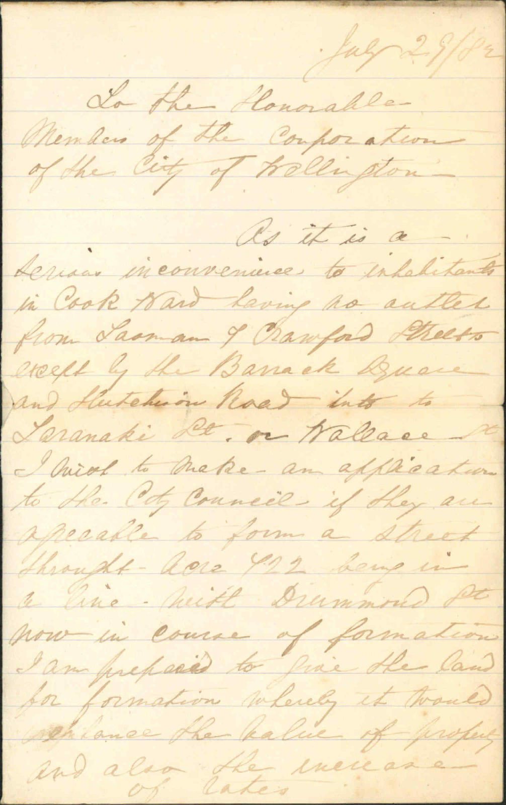 Offering to give land for continuation of Drummond Street to Taranaki Street - W H Back