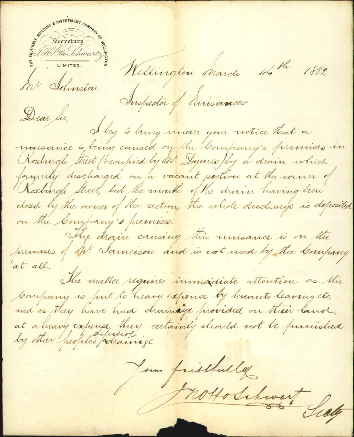 Complaint as to nuisance in Roxburgh Street - J H Otto Schwartz