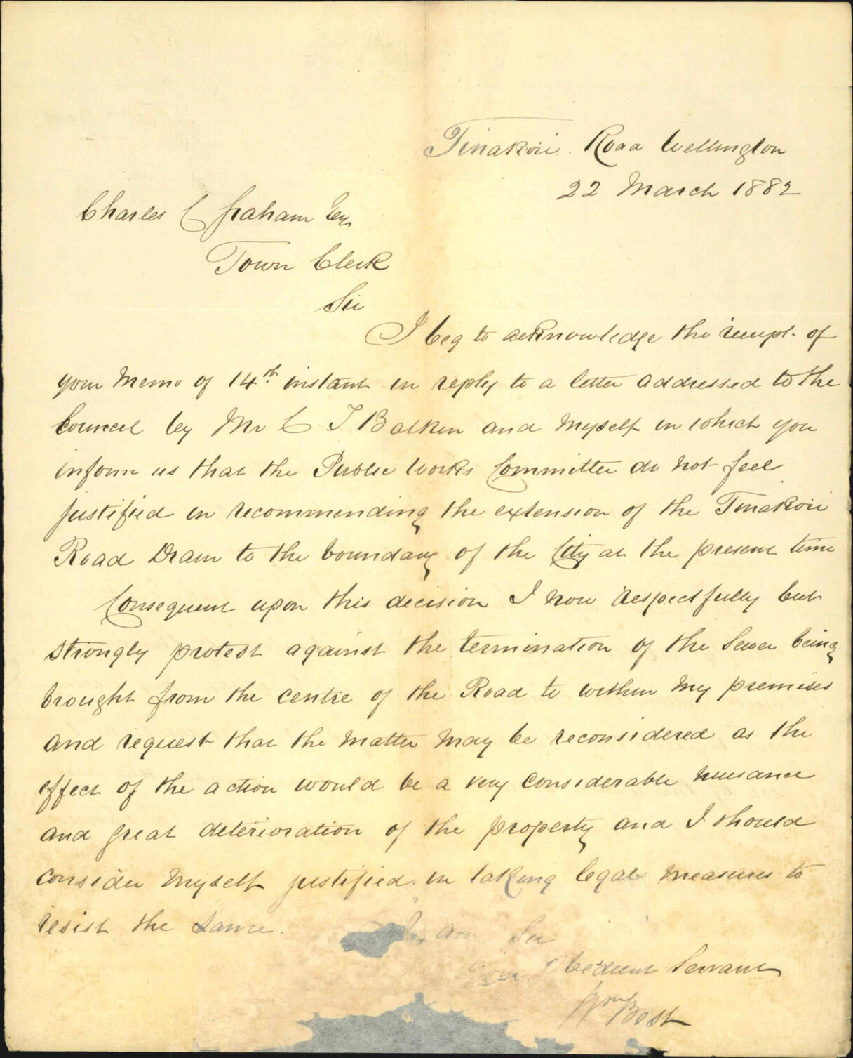 Requesting the connection of Tinakori drain in his premises - William Best