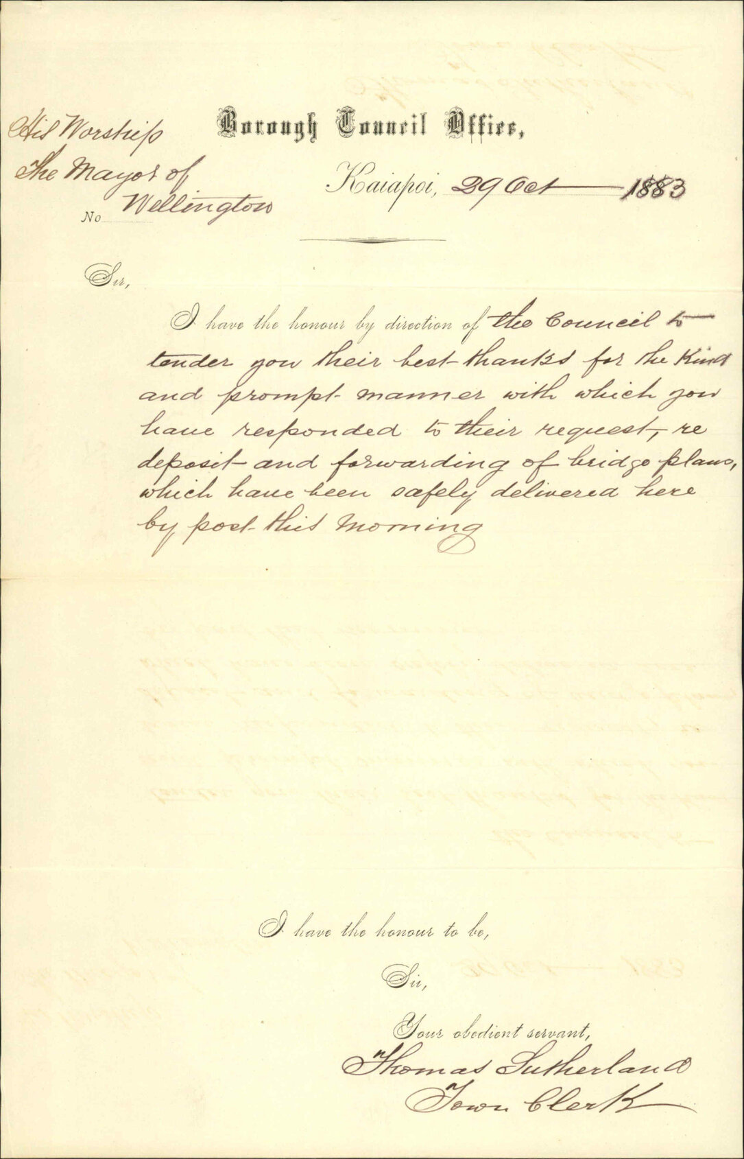 Acknowledging receipt of plans returned - Town Clerk Kaiapoi