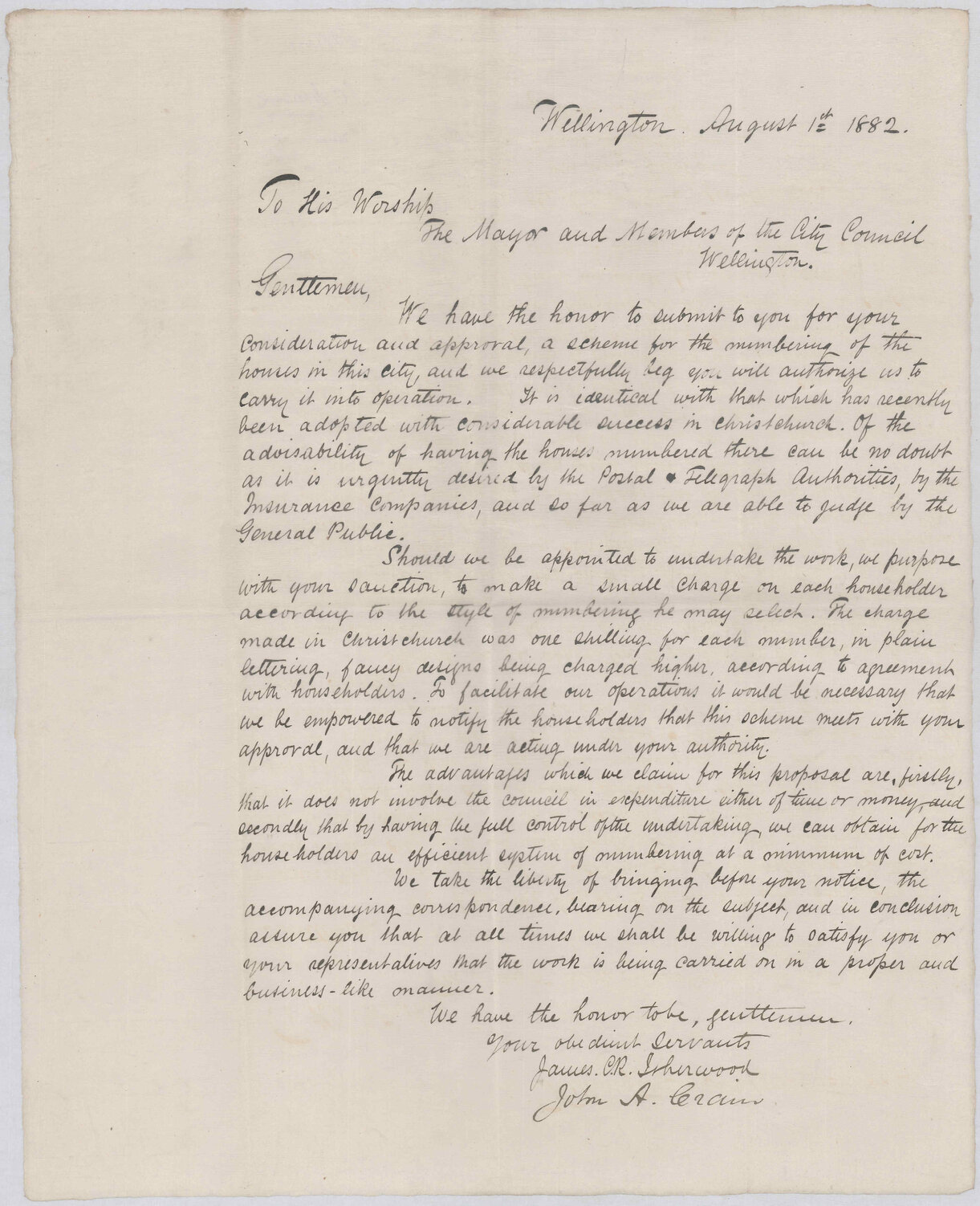 Proposal to number the houses in the streets - J C Sherwood