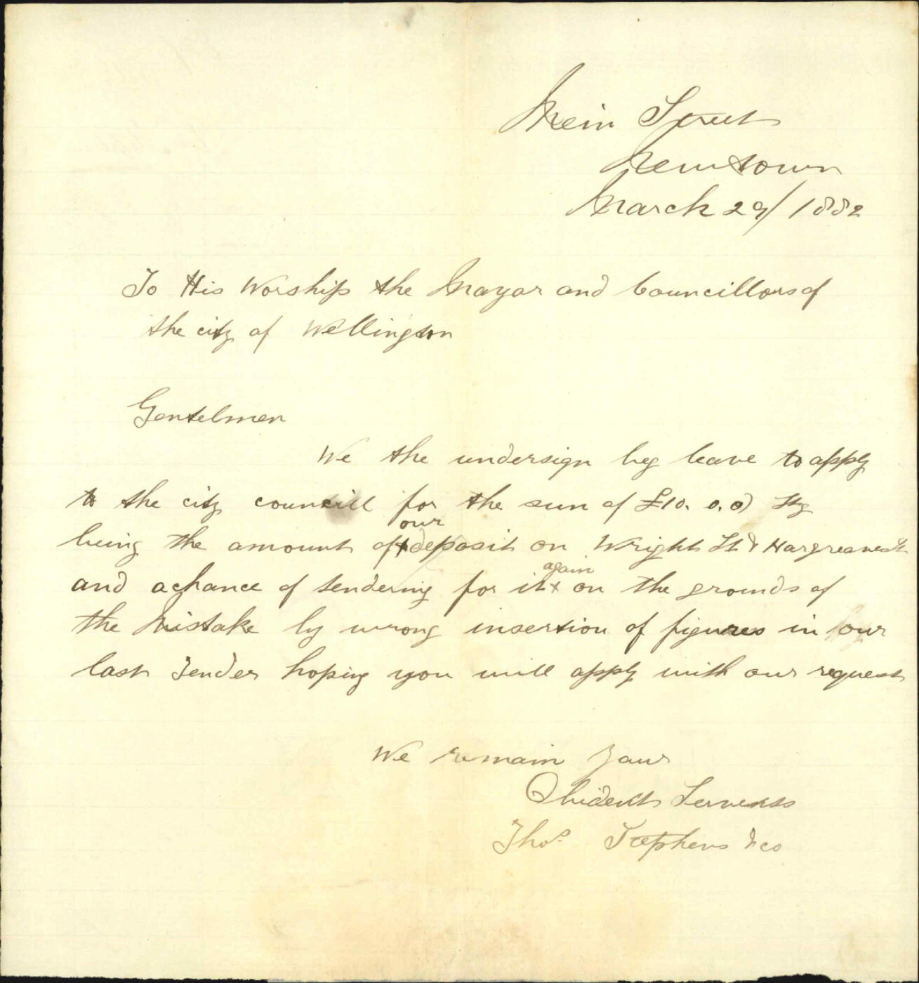Application for return of deposit regarding contract - Thomas Stephens &amp; co