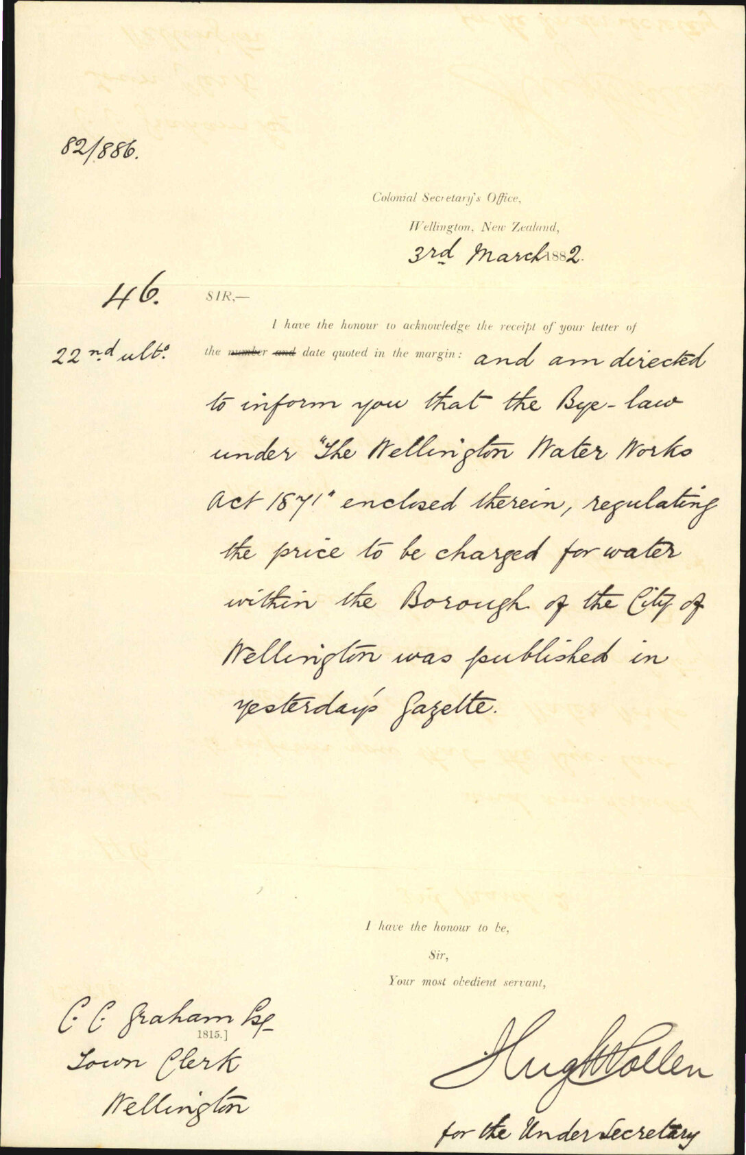 Colonial Secretary's Office, advising having gazetted water supply bylaw