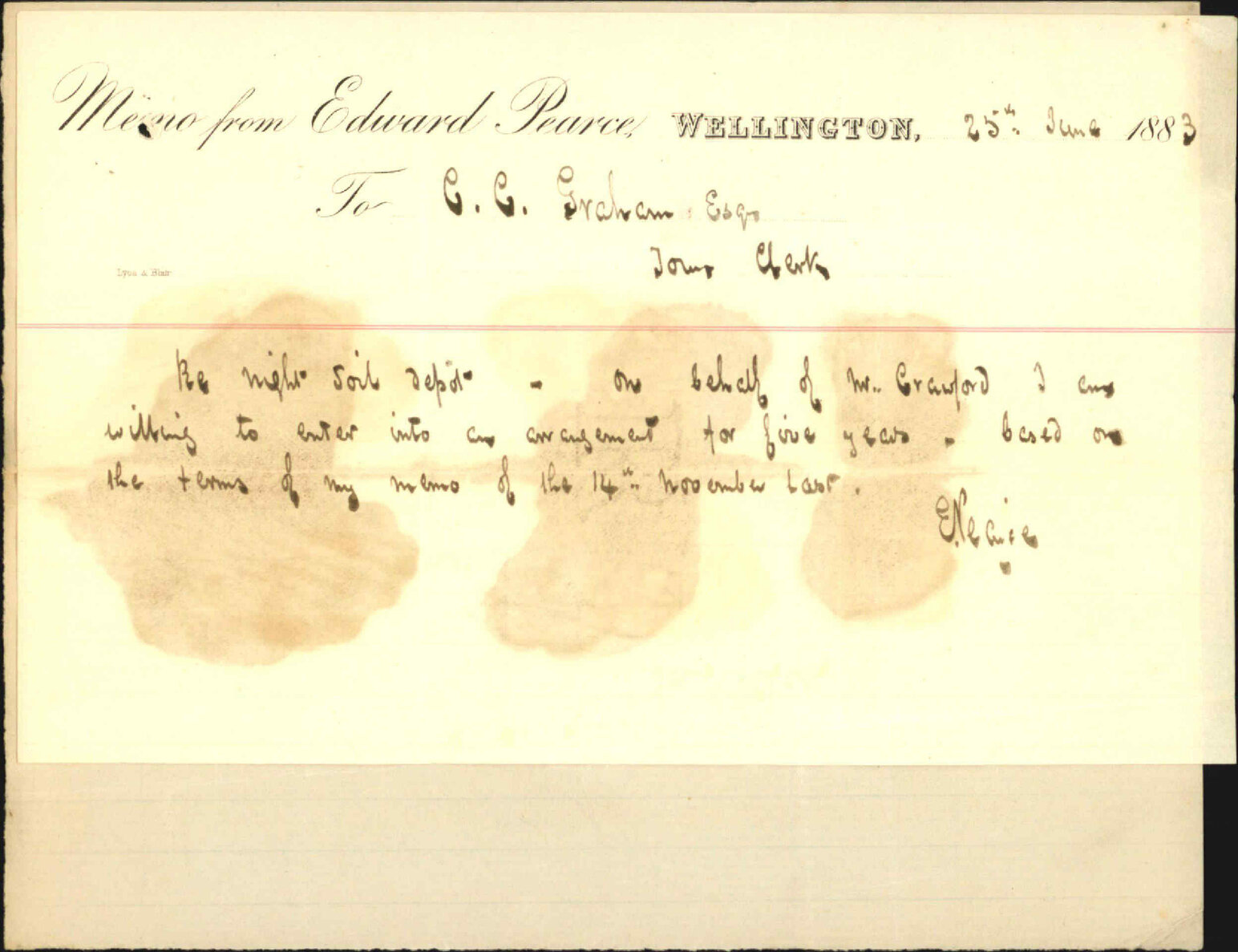 Willing to enter into a five year agreement for a night soil depot, Mr Crawford - Edward Pearce