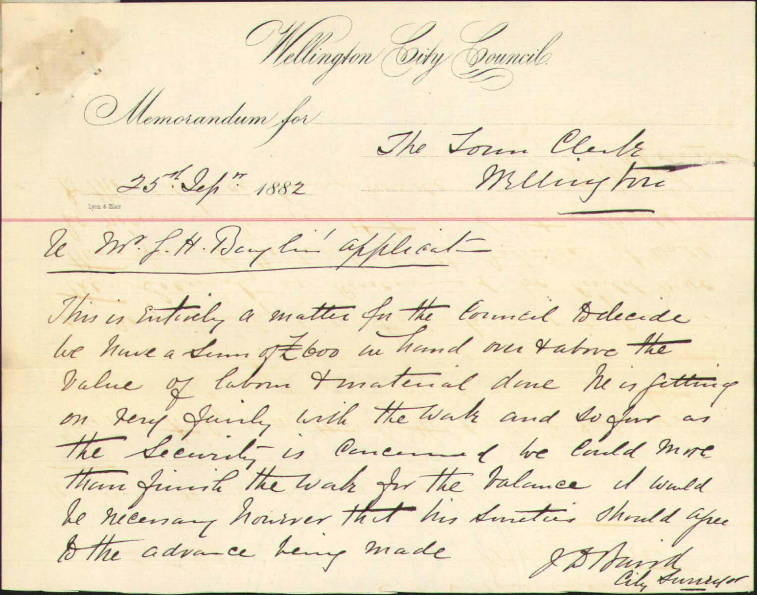 Application for advance of &pound;100 in Hutt Bridge contract - G H Baylis