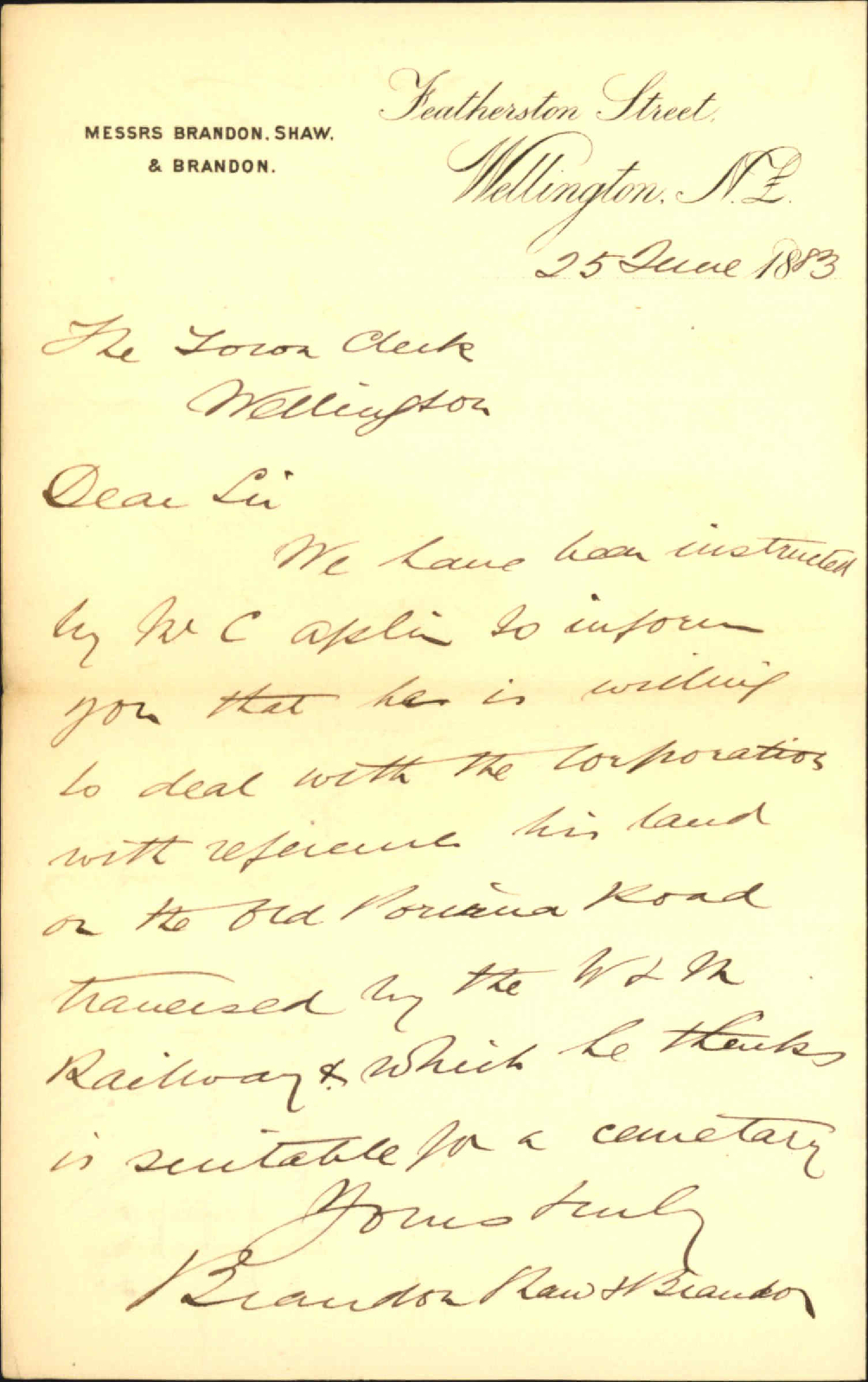 Offer of Aplins property as site for a cemetery - Brandon, Shaw &amp; Brandon