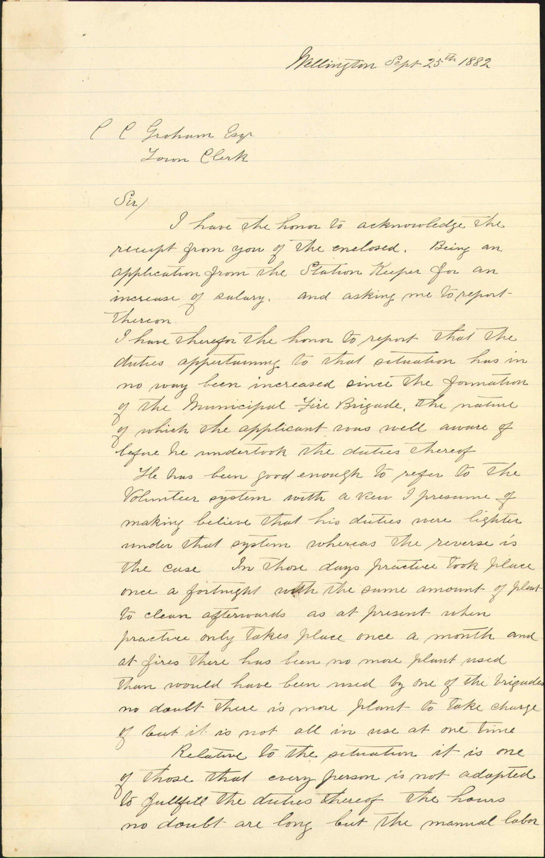 Watchman of Fire Brigade Station, application for increase of salary - W J Brown [and Superintendent Whitford]