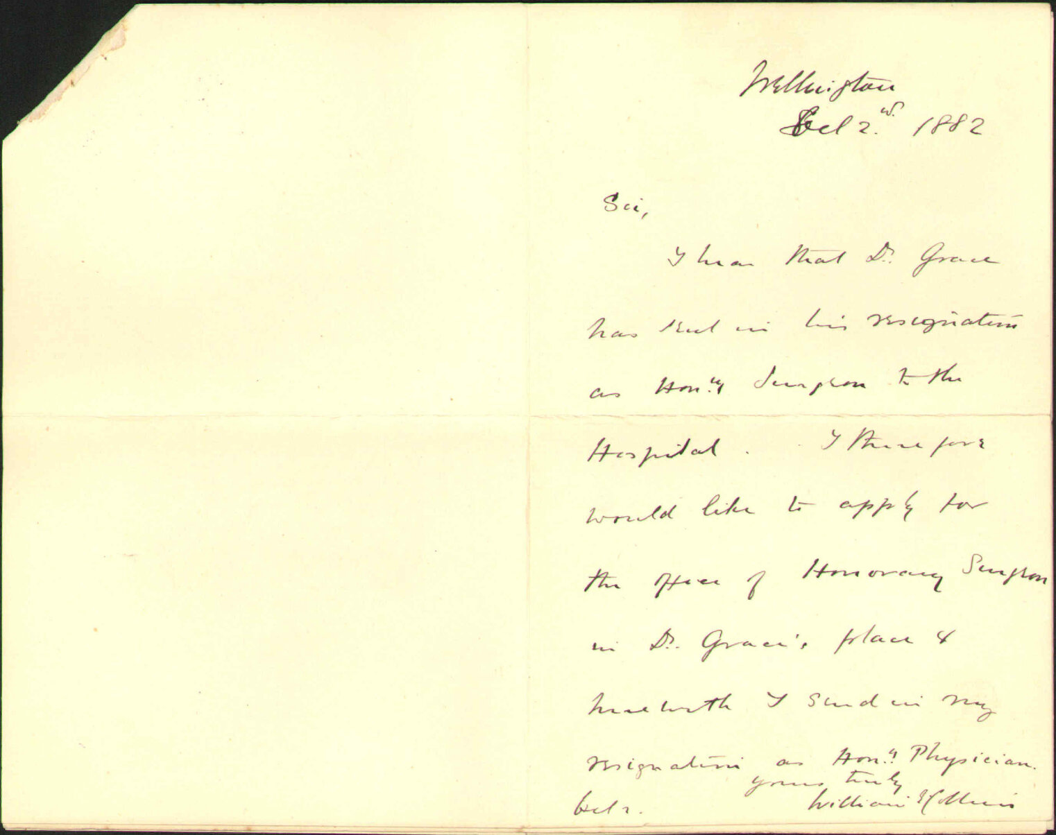 Resigning appointment of honorary physician and applying for honorary surgeon - Dr Collins