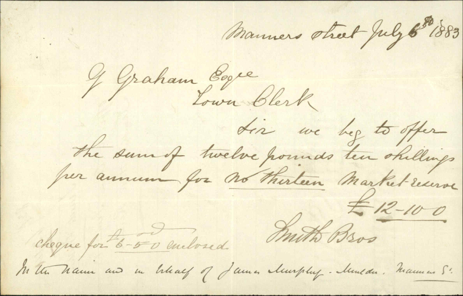 Offer to loan section 13, Market Hall Reserve - Smith Brothers