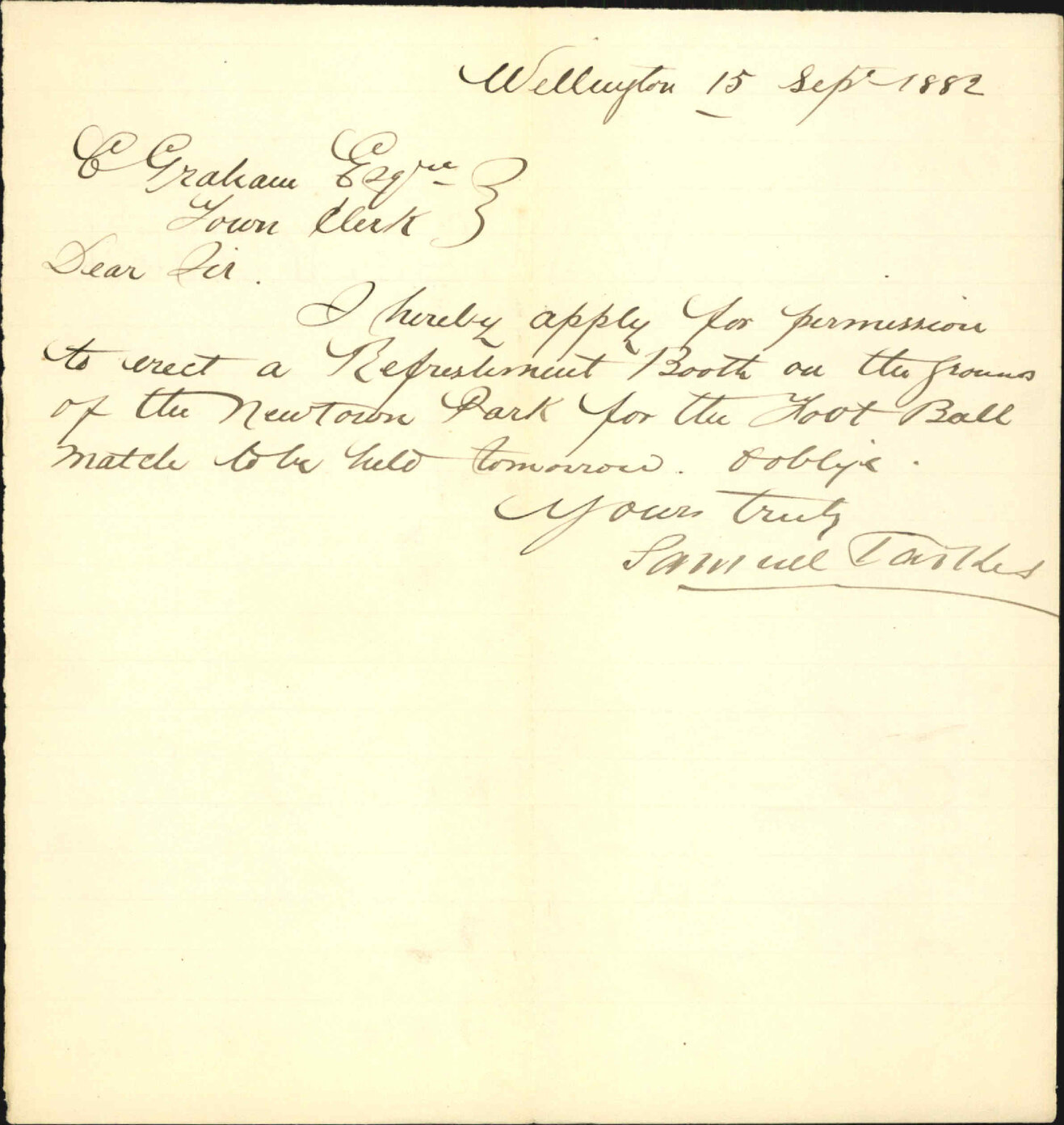 Application for lease to erect liquor booth at Newtown Park - Samuel Parkes