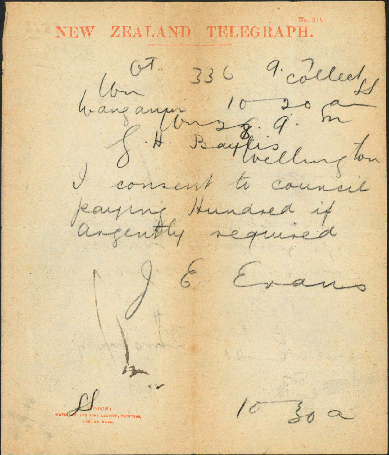 Agreeing for advance to be made to G H Baylis - J E Evans