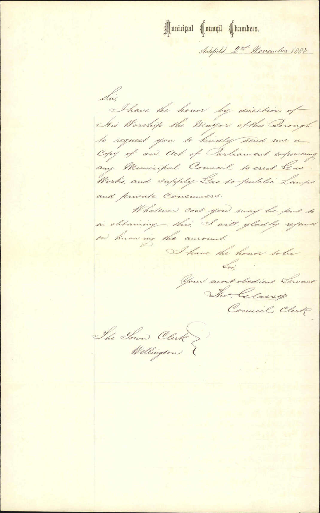 Asking for information regarding corporation and gas companies - Town Clerk Ashfield NSW