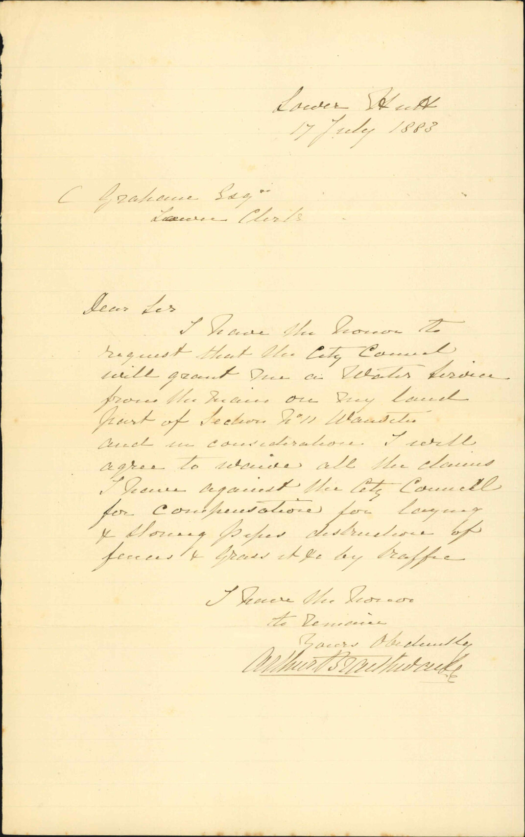 Application for water service in lieu of compensation for damage by water works - A Braithwaite