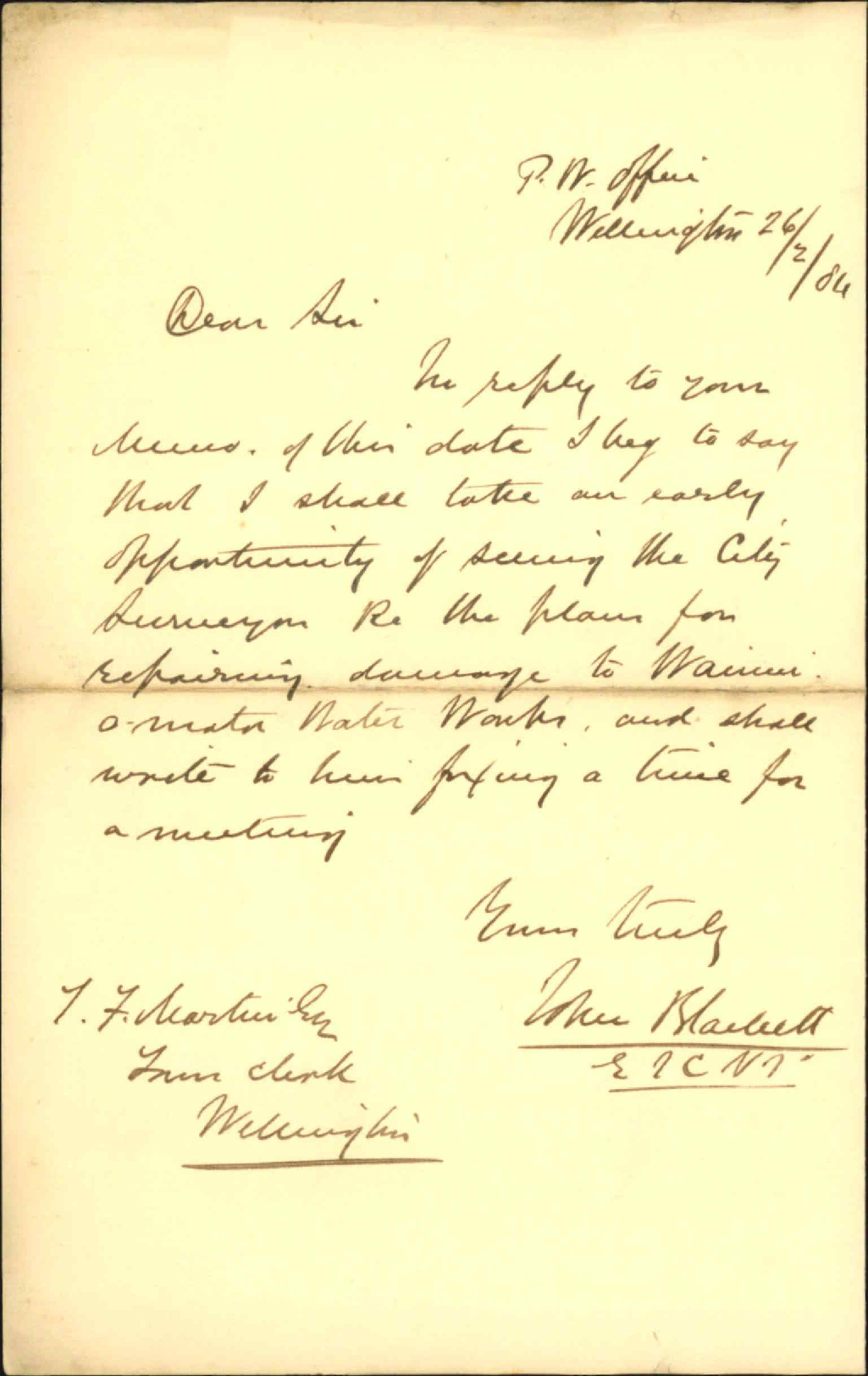 In reference to plans for Wainuiomata water works - John Blackett