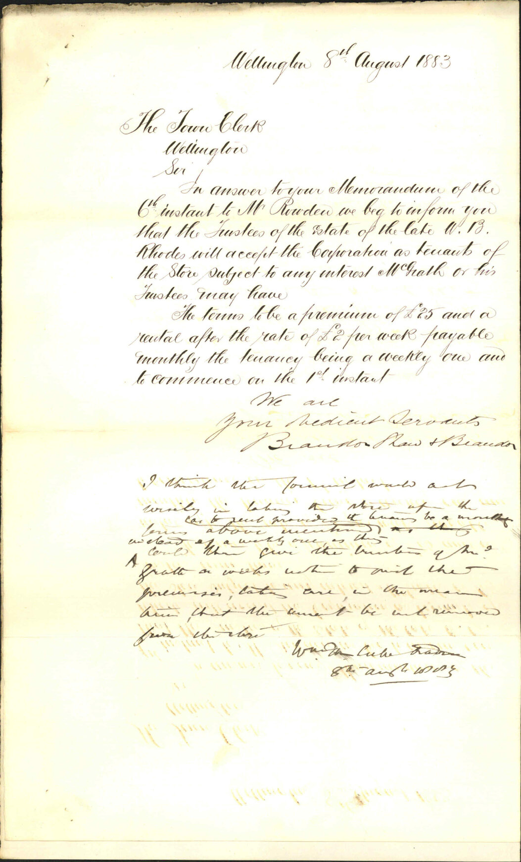 Renting Rhodes store where McGraths cement is, with copy of memorandum of agreement - Brandon, Shaw &amp; Brandon