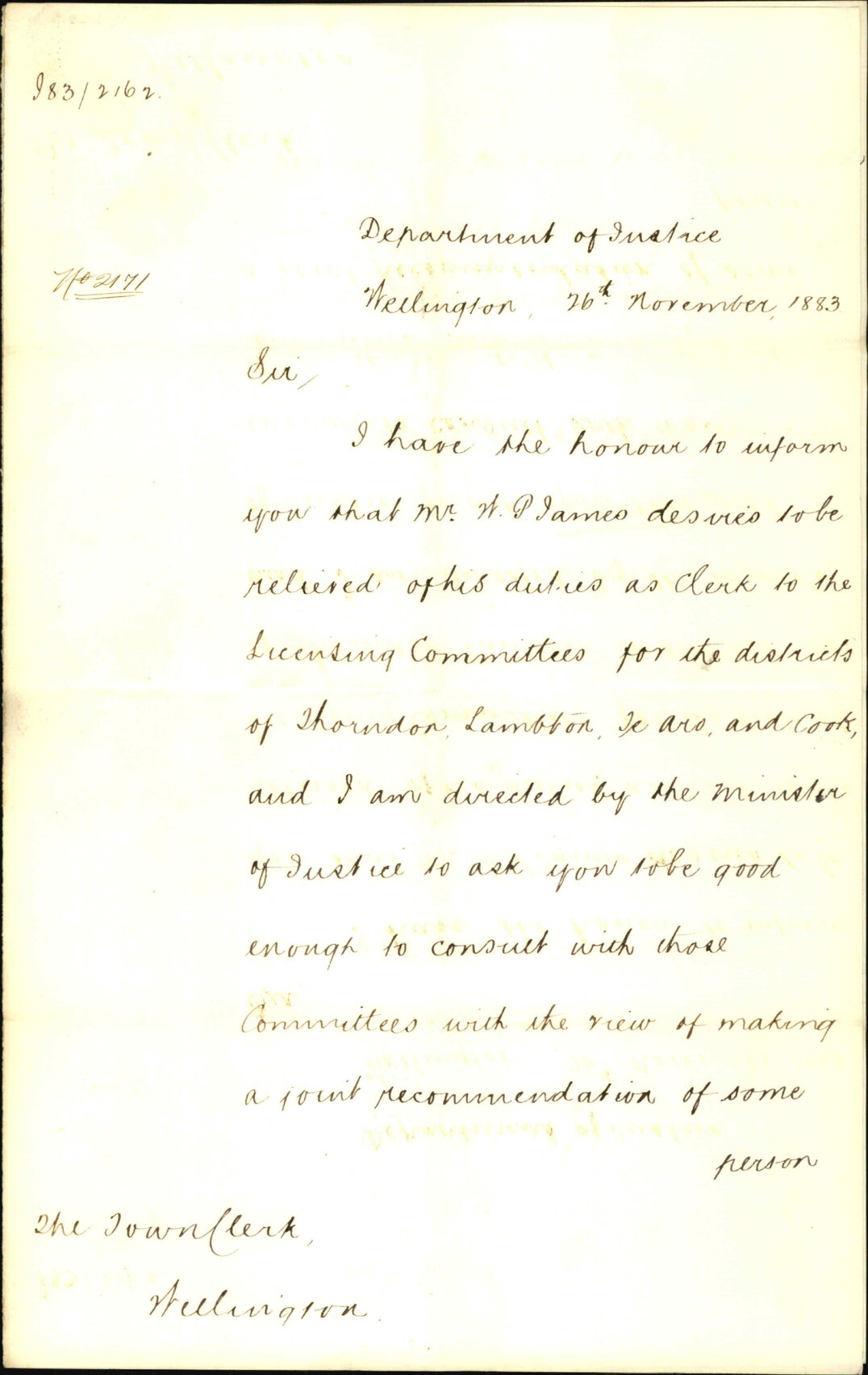 Clerk of licensing committee, W P James, resigned - Justice Department