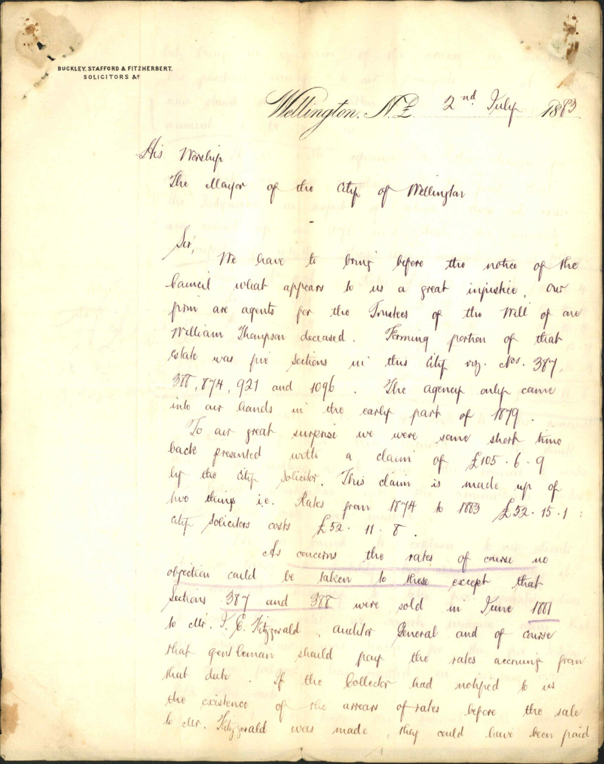 Reply to complaint by Buckley, Fitzherbert &amp; Stafford as to bills of costs regarding arrears of rates - City Solicitor