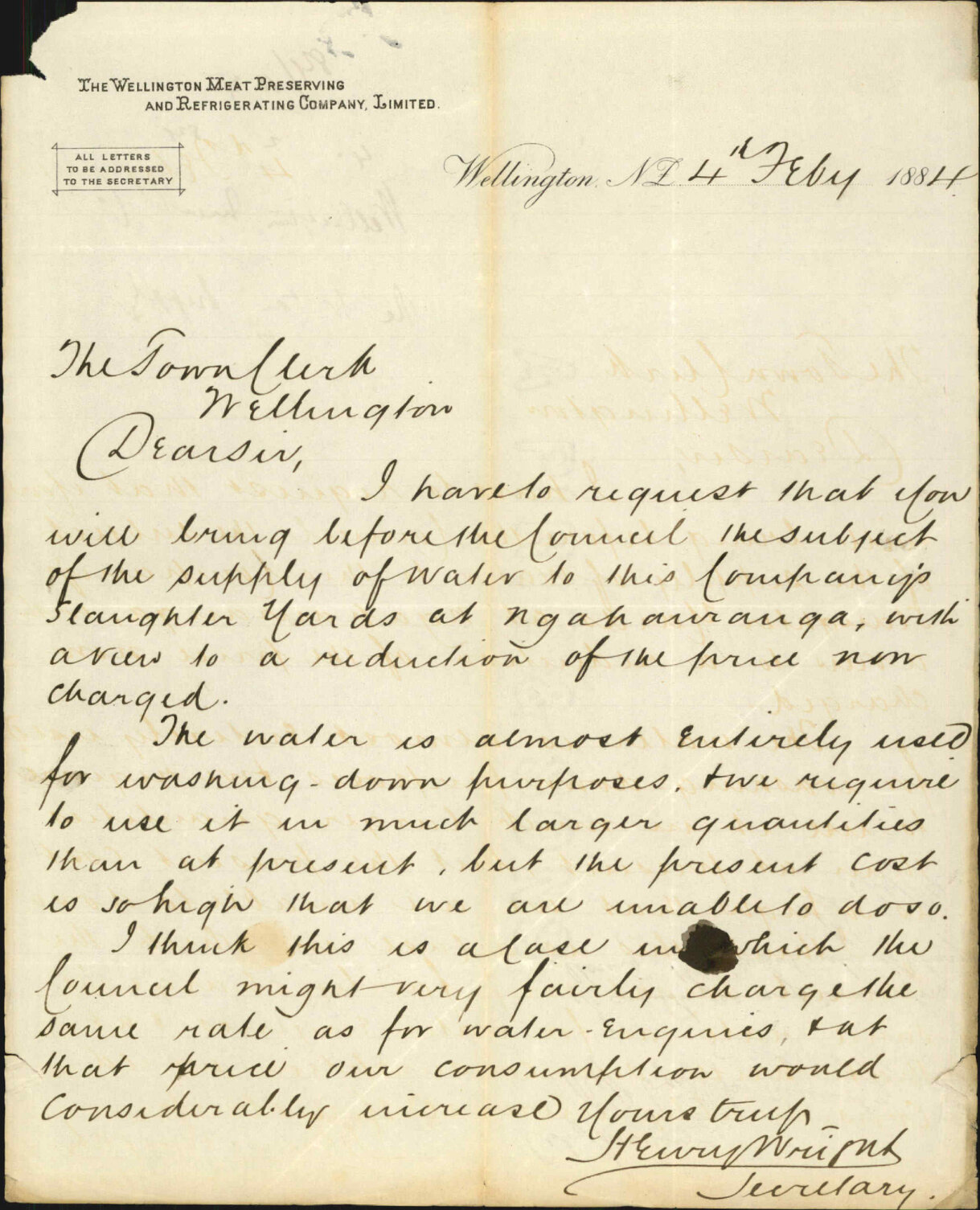 Water supply - Wellington meat preserving and refrigerating company Ltd