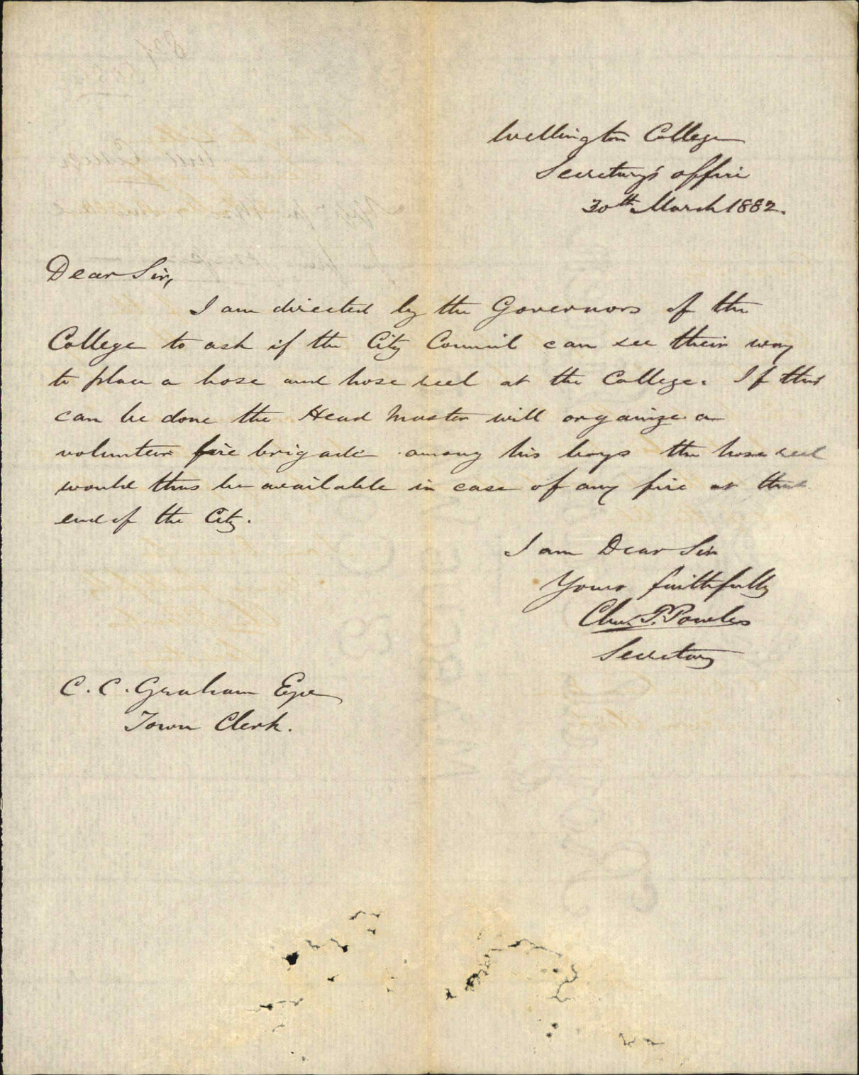 Application for hose and hose reel for fire purposes - Wellington College
