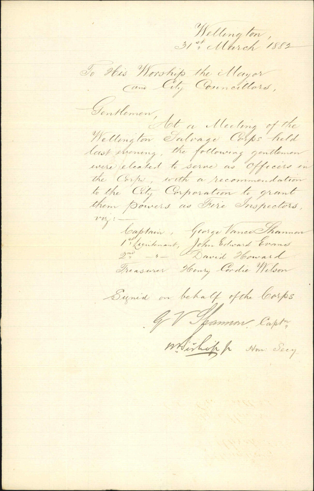 Applying for appointment of officers and fire inspectors - Wellington Salvage Corps