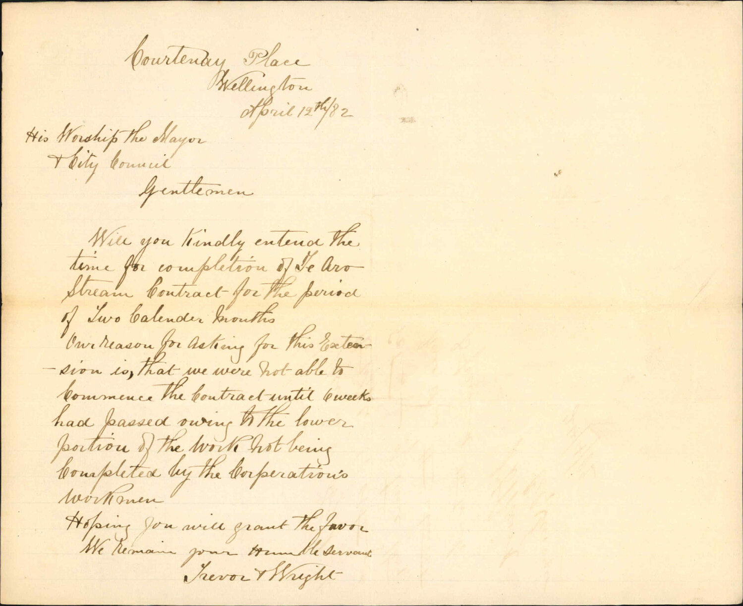 Application for extension of time, Te Aro stream contract - Trevor and Wright