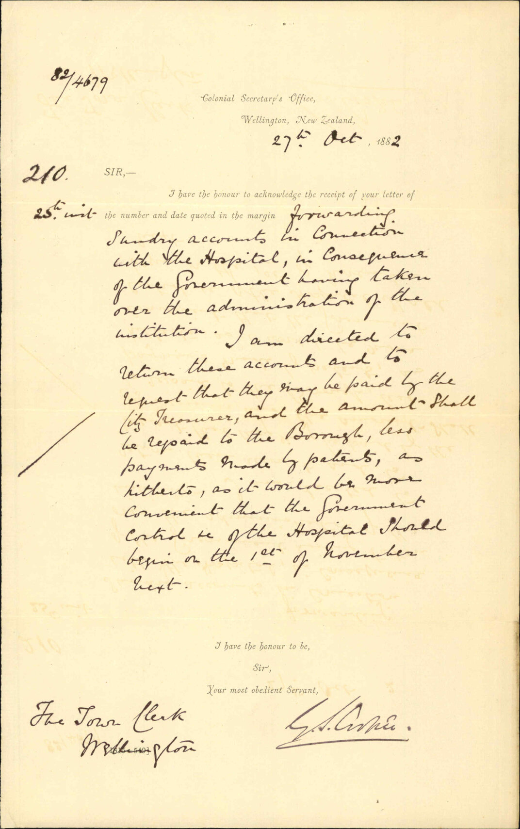 Asking corporation to pay certain hospital accounts - Colonial Secretary