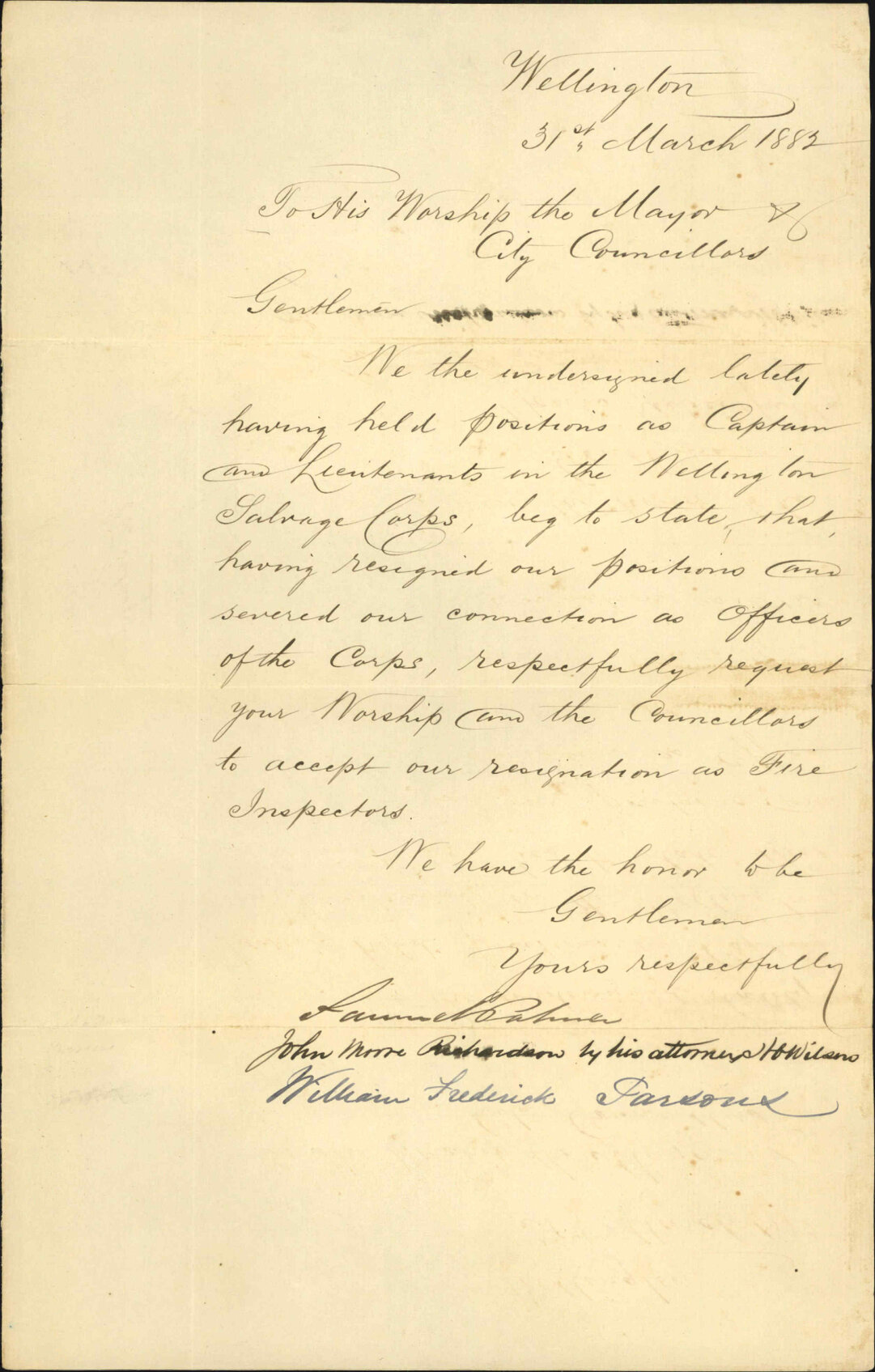 Resignation of officers and fire inspectors - Wellington Salvage Corps