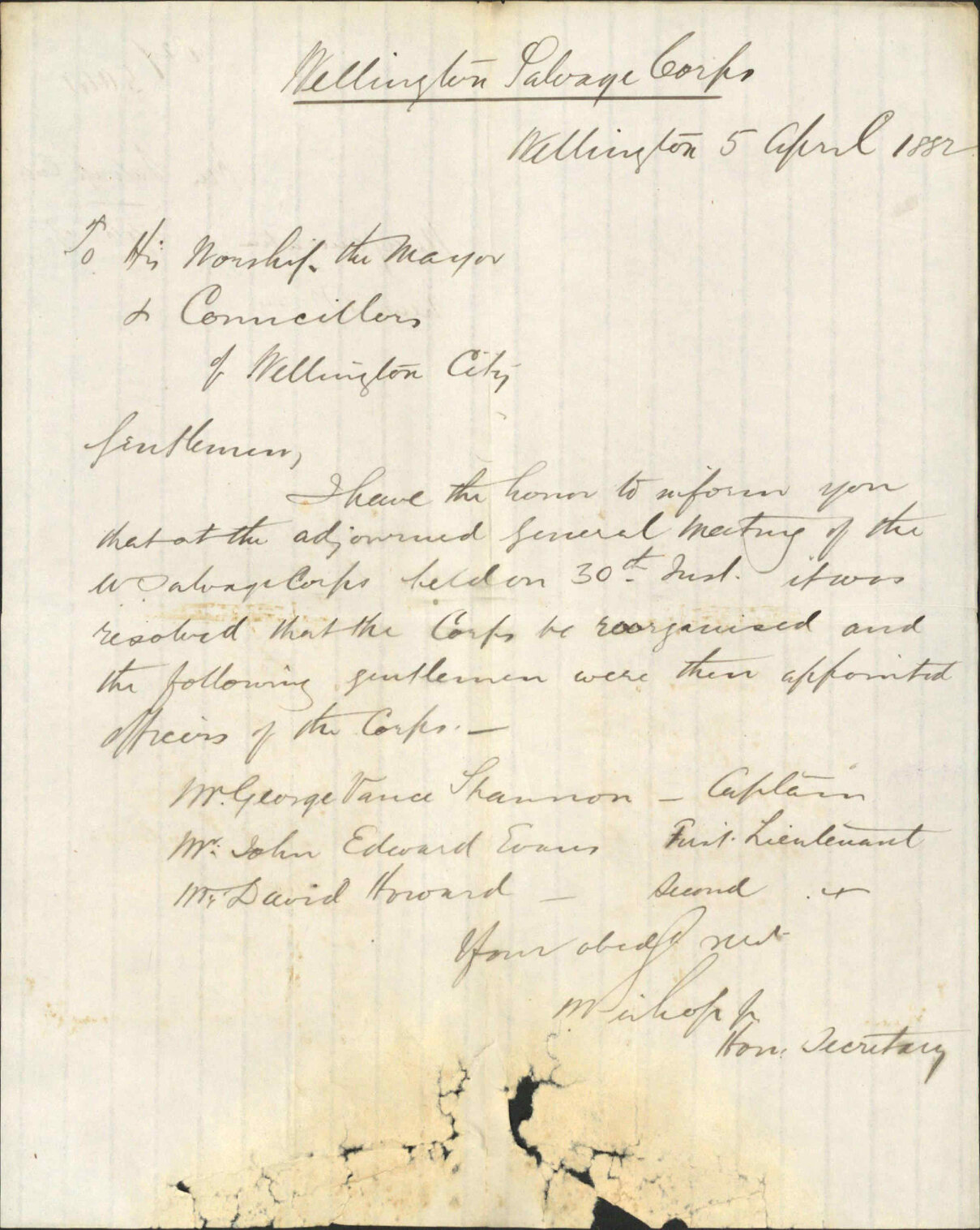 Organisation and application of new officers - Wellington Salvage Corps