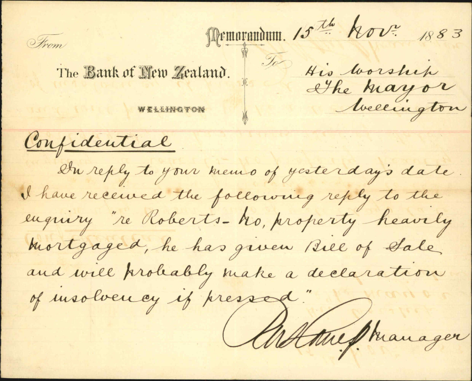 Report as to solvency of Robert McGraths surety - Bank of New Zealand