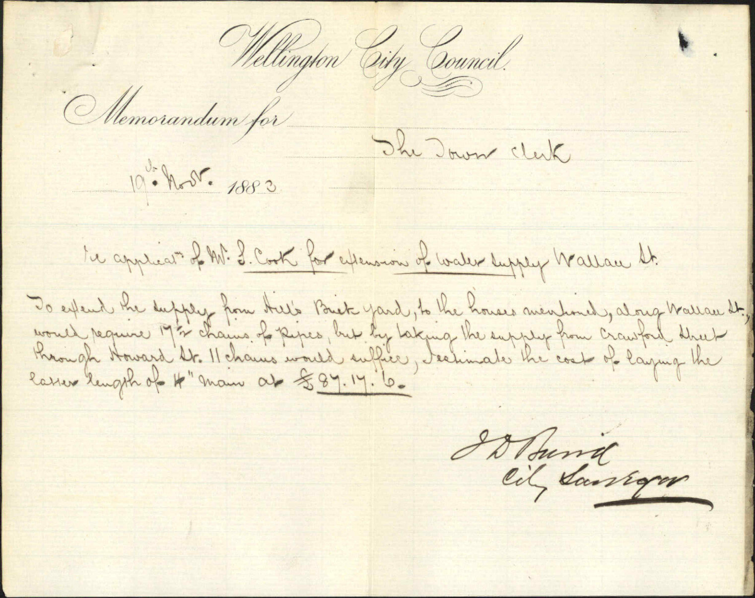 Application for water service in Wallace Street - S Cook