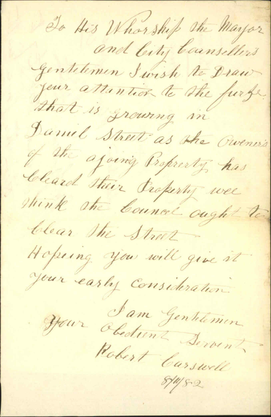 Complaint as to furze in Daniell Street - Robert Robert Carswell