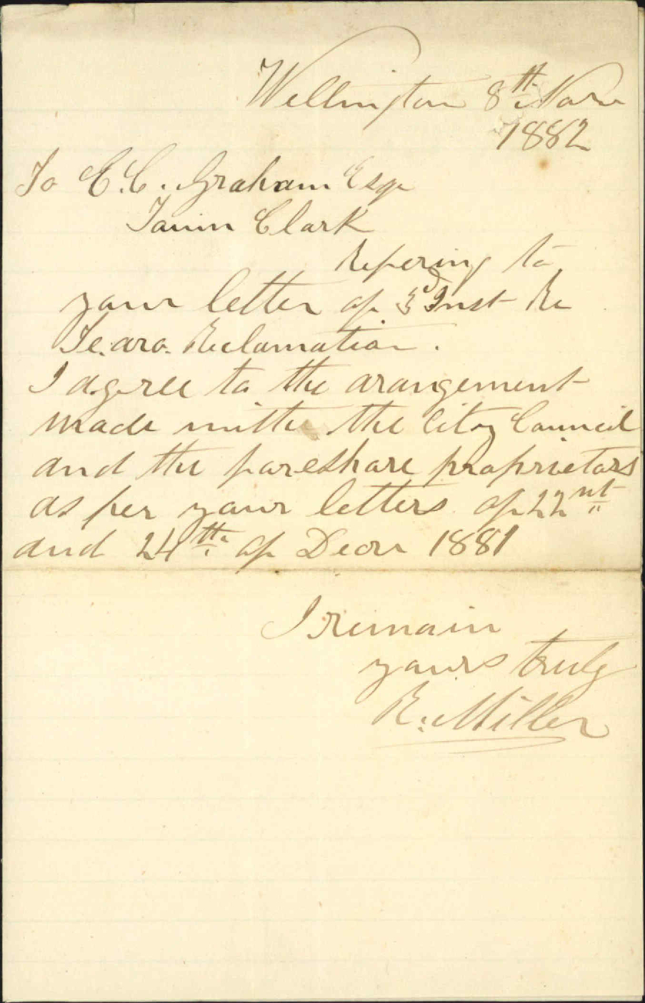 Agreeing to arrangement as to Te Aro reclamation - Robert Miller