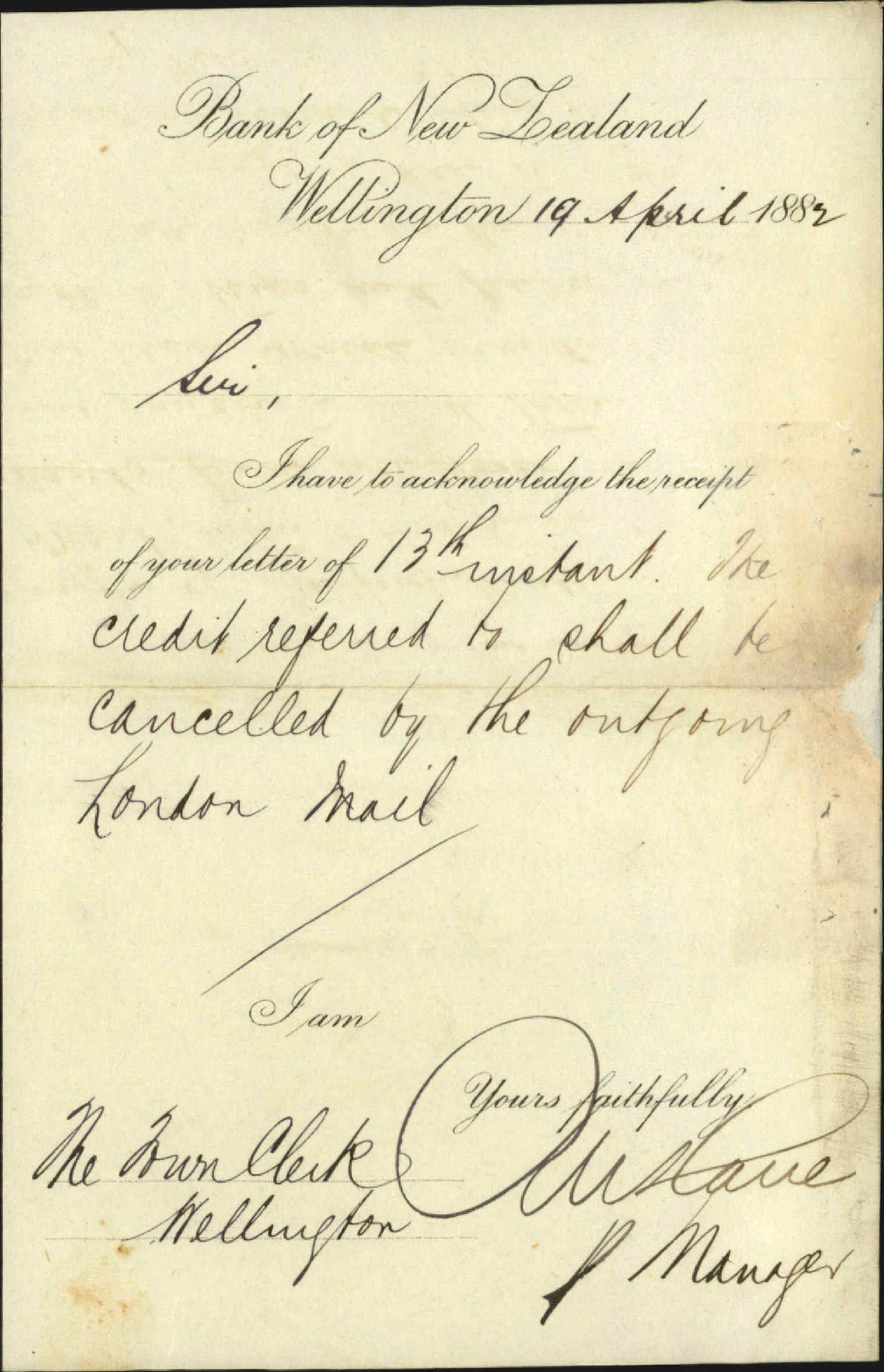 Cancelling letter of credit - Bank of New Zealand