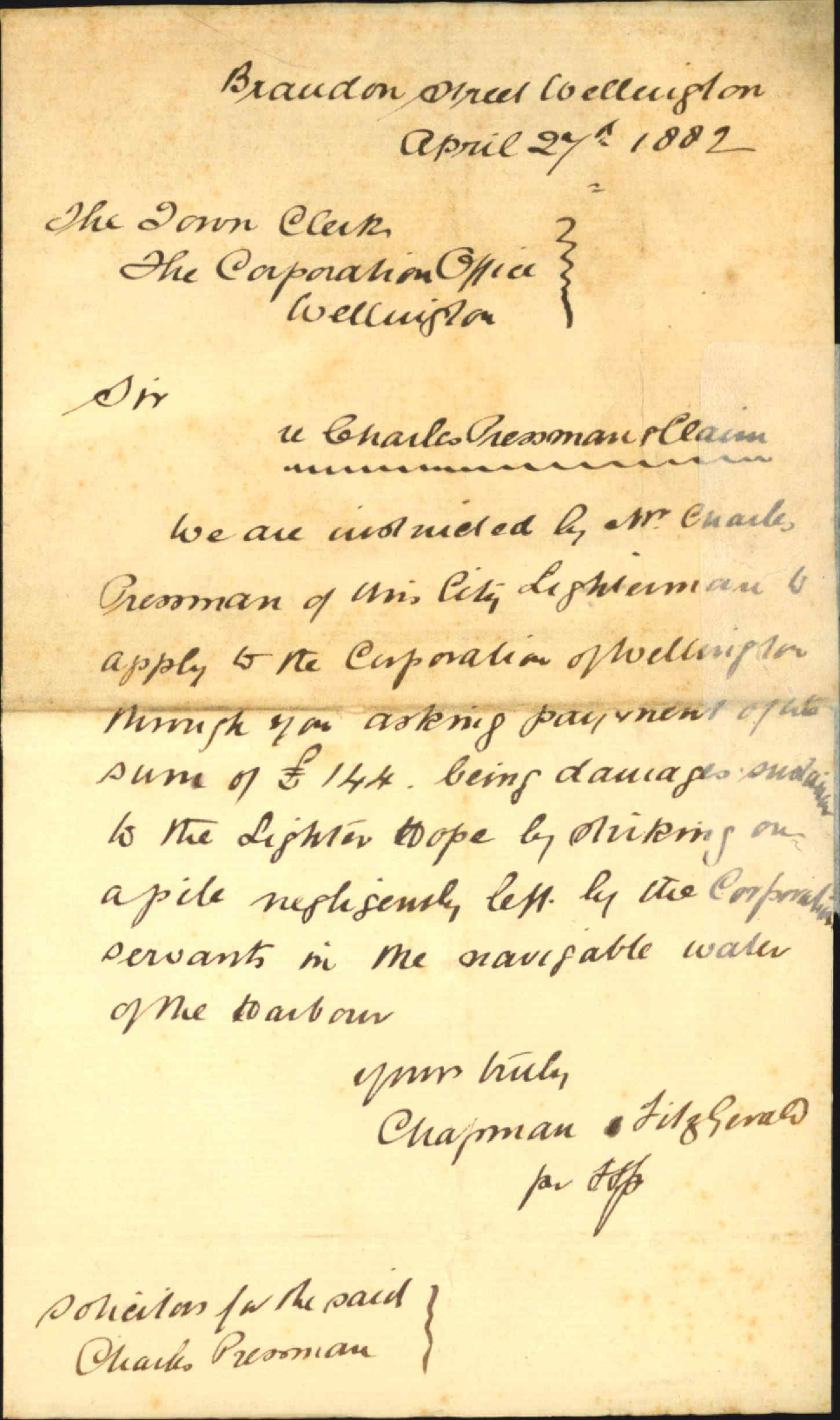 Claim in account of Charles Pressman for damage of hulk - Chapman &amp; Fitzgerald